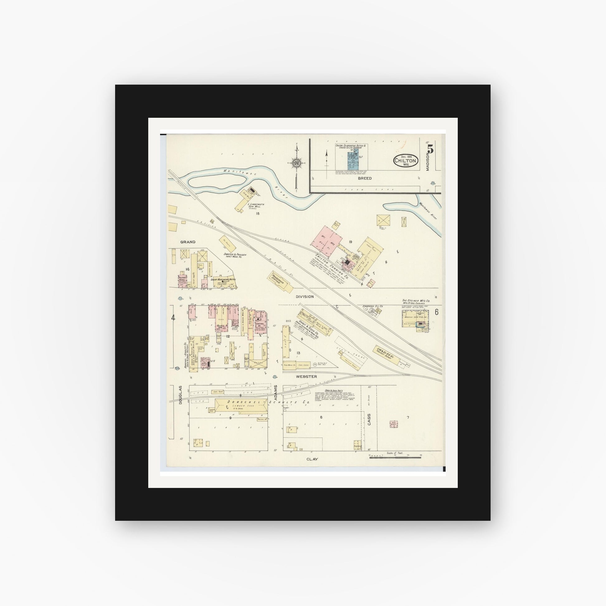 Old map wall art mockup — black gallery frame with white mat — Sanborn Fire Insurance Map from Chilton, Calumet County, Wisconsin (1914), Sheet #0005