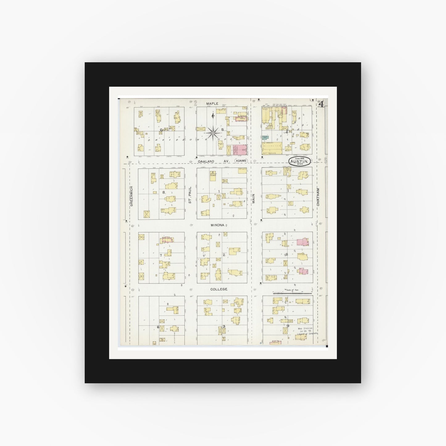Old map wall art mockup — black gallery frame with white mat — Sanborn Fire Insurance Map from Austin, Mower County, Minnesota (1892), Sheet #0004