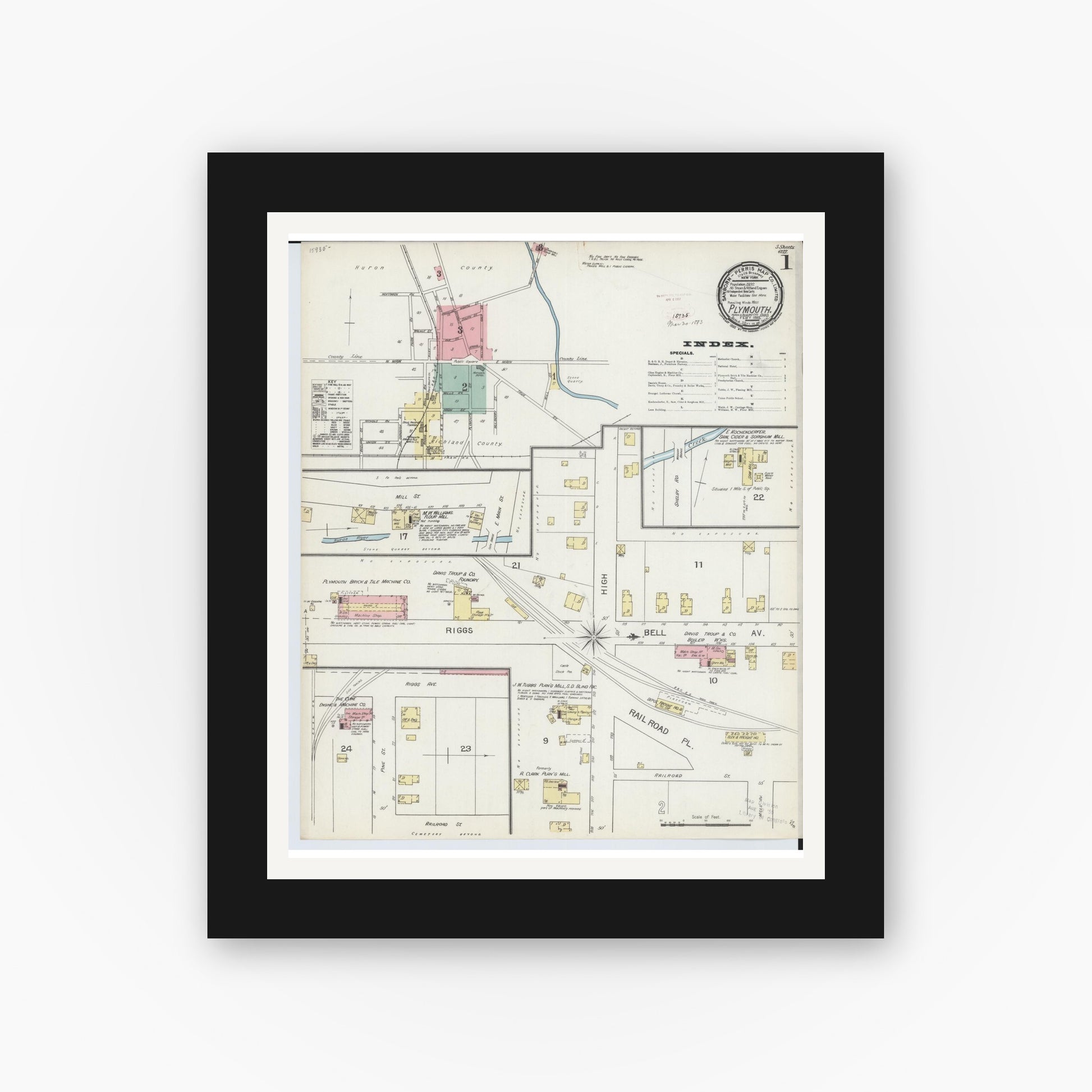 Old map wall art mockup — black gallery frame with white mat — Sanborn Fire Insurance Map from Plymouth, Huron And Richland Counties, Ohio (1893) - Complete Map Set