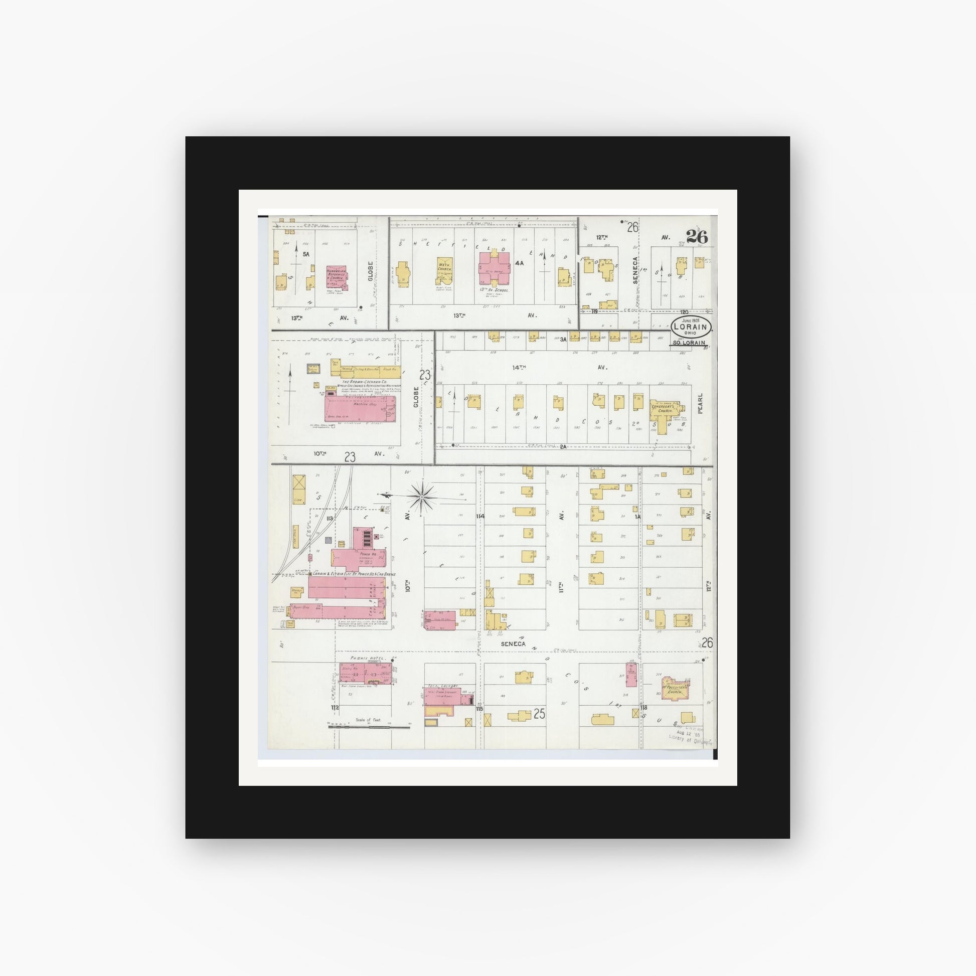 Old map wall art mockup — black gallery frame with white mat — Sanborn Fire Insurance Map from Lorain, Lorain County, Ohio (1905), Sheet #0026