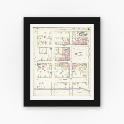 Old map wall art mockup — black gallery frame with white mat — Sanborn Fire Insurance Map from Red Oak, Montgomery County, Iowa (1886), Sheet #0002