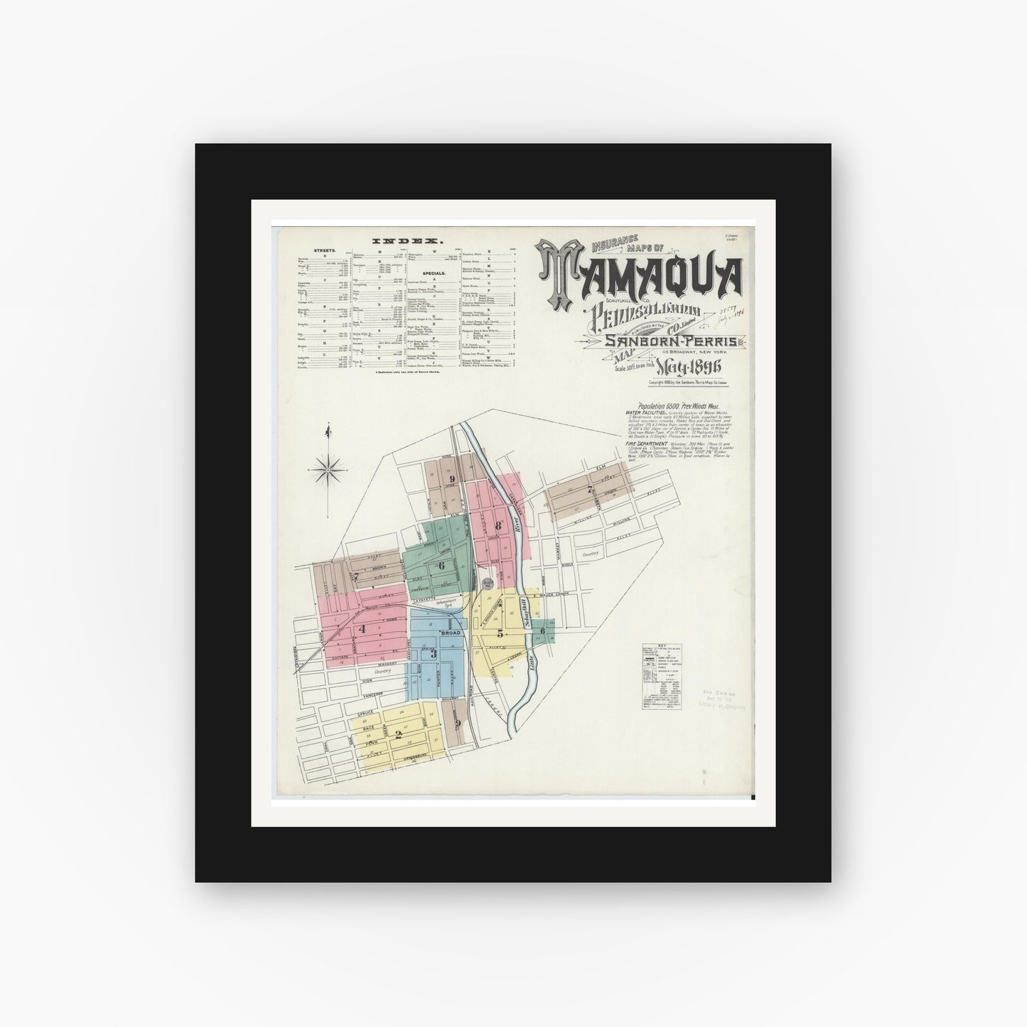 Old map wall art mockup — black gallery frame with white mat — Sanborn Fire Insurance Map from Tamaqua, Schuylkill County, Pennsylvania (1896), Sheet #0001