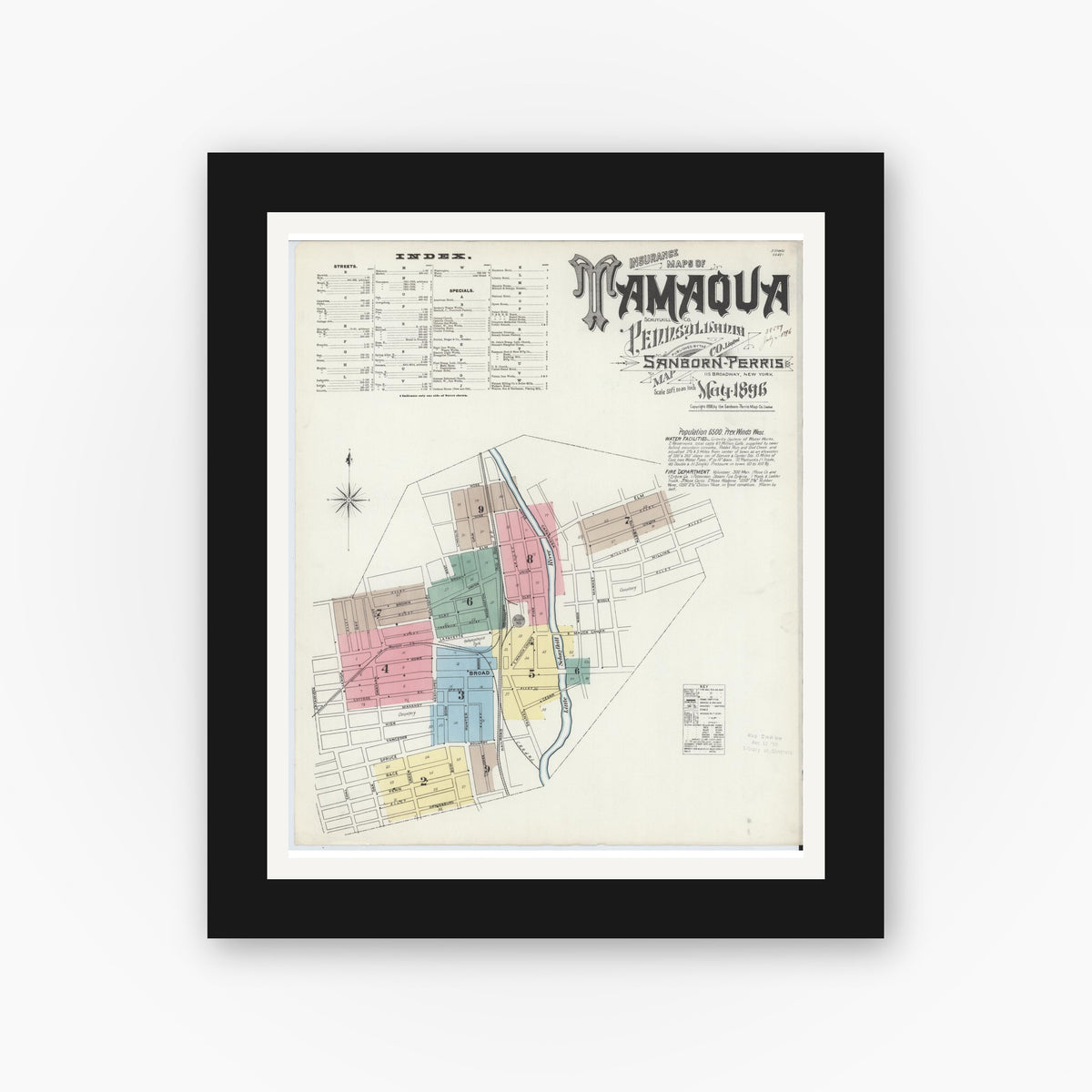 Old map wall art mockup — black gallery frame with white mat — Sanborn Fire Insurance Map from Tamaqua, Schuylkill County, Pennsylvania (1896), Sheet #0001