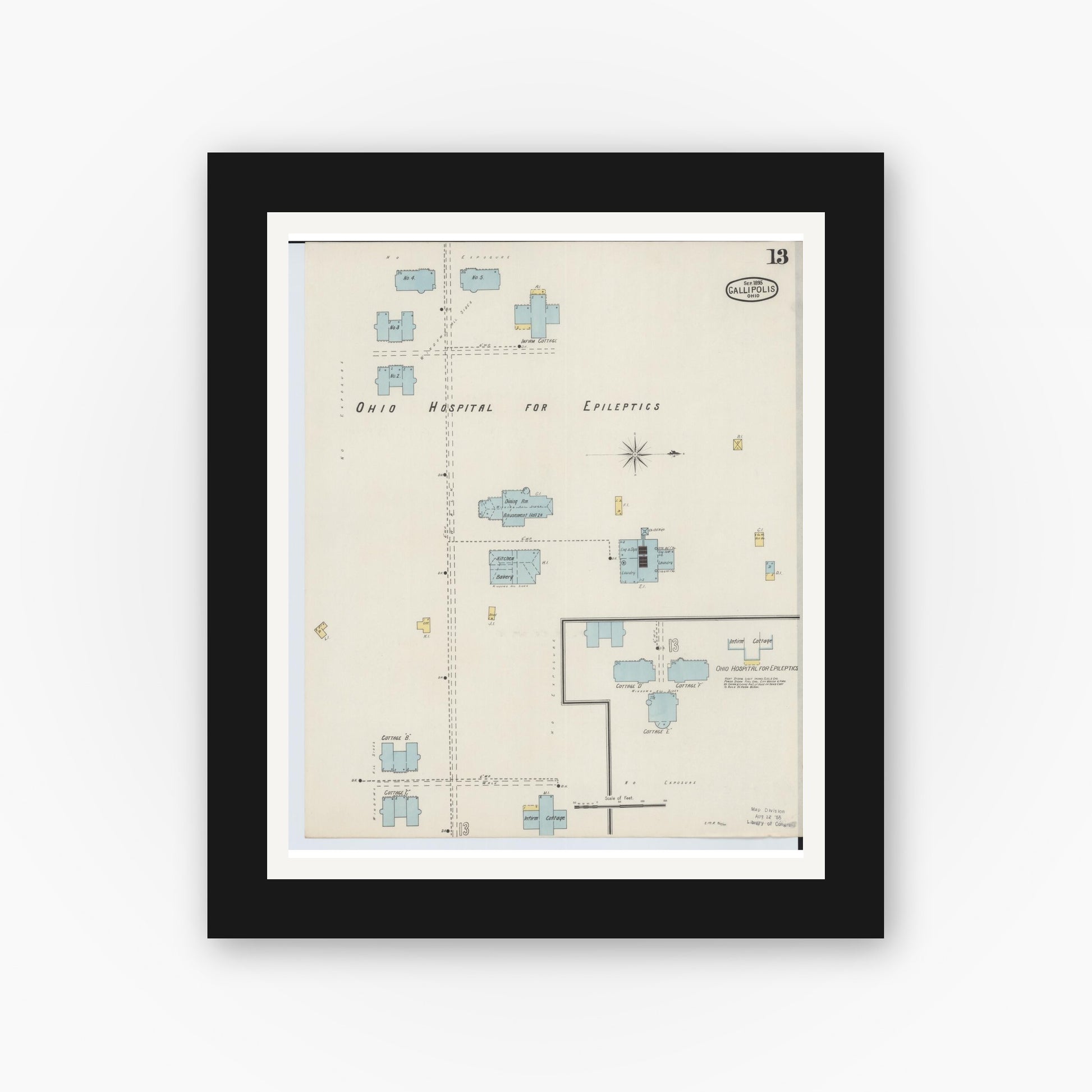 Old map wall art mockup — black gallery frame with white mat — Sanborn Fire Insurance Map from Gallipolis, Gallia County, Ohio (1895), Sheet #0013