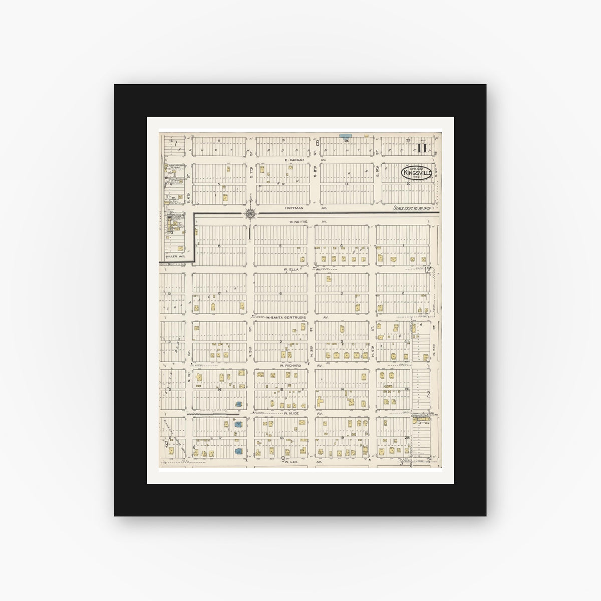 Old map wall art mockup — black gallery frame with white mat — Sanborn Fire Insurance Map from Kingsville, Kleberg County, Texas (1922), Sheet #0011