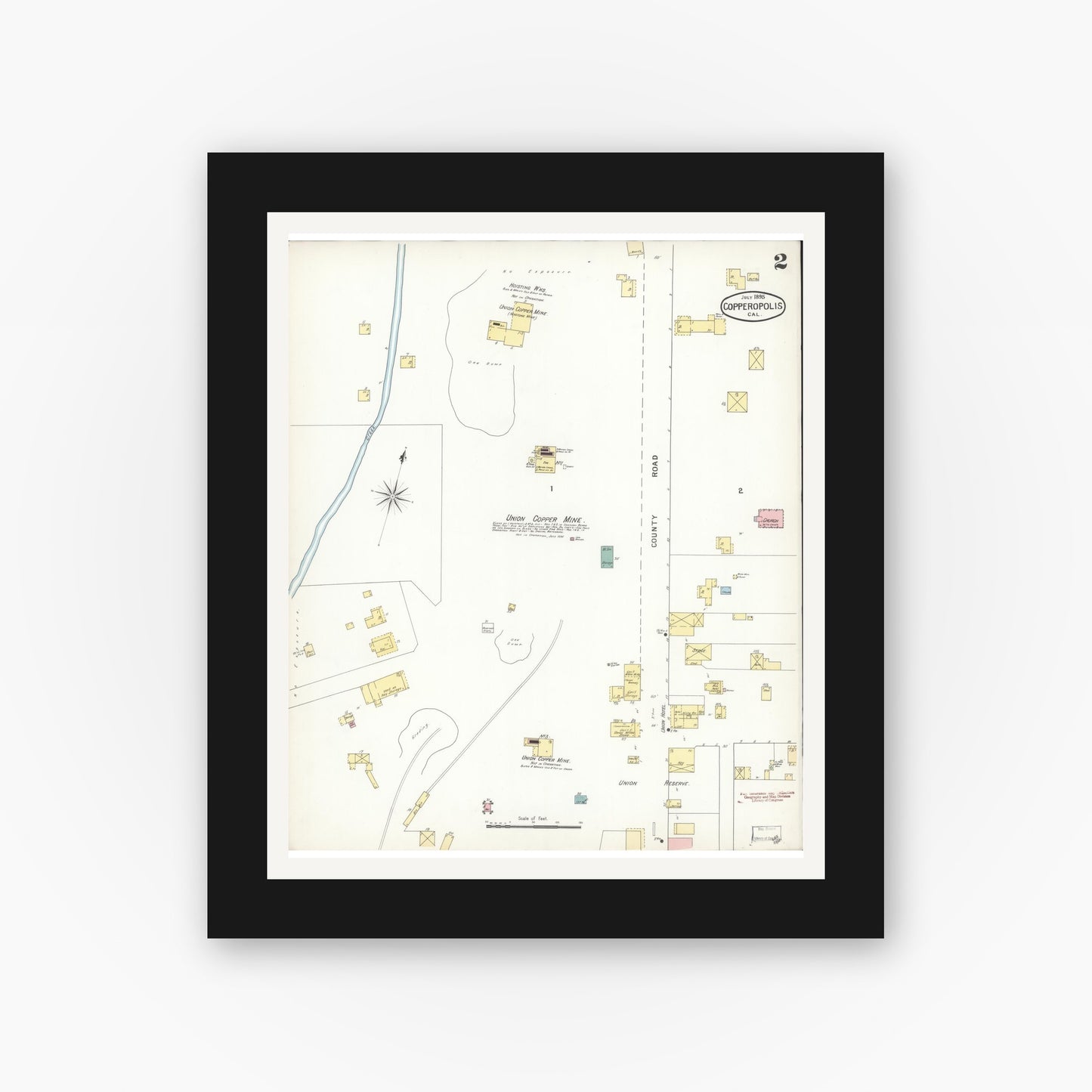 Old map wall art mockup — black gallery frame with white mat — Sanborn Fire Insurance Map from Copperopolis, Calaveras County, California (1895), Sheet #0002