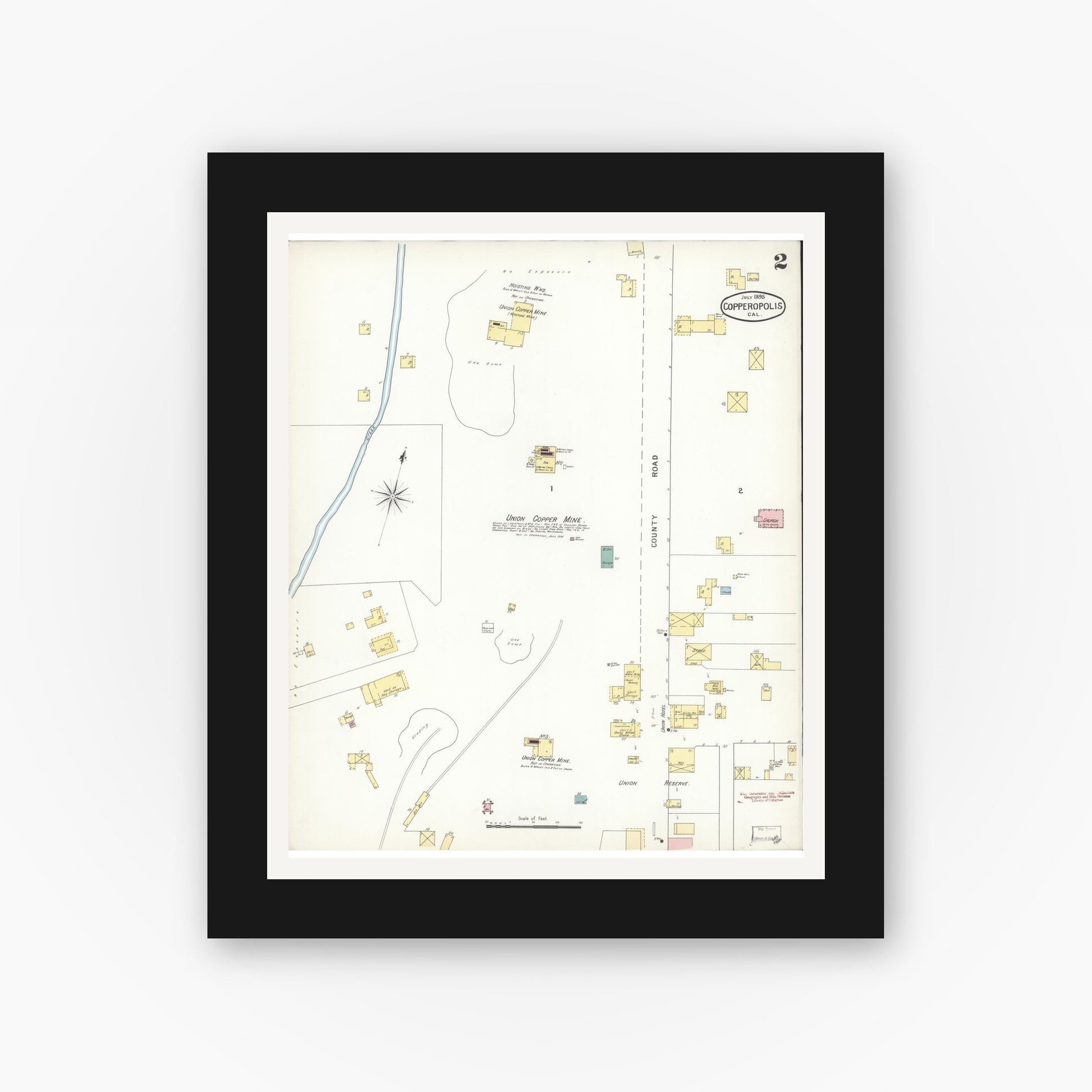 Old map wall art mockup — black gallery frame with white mat — Sanborn Fire Insurance Map from Copperopolis, Calaveras County, California (1895), Sheet #0002