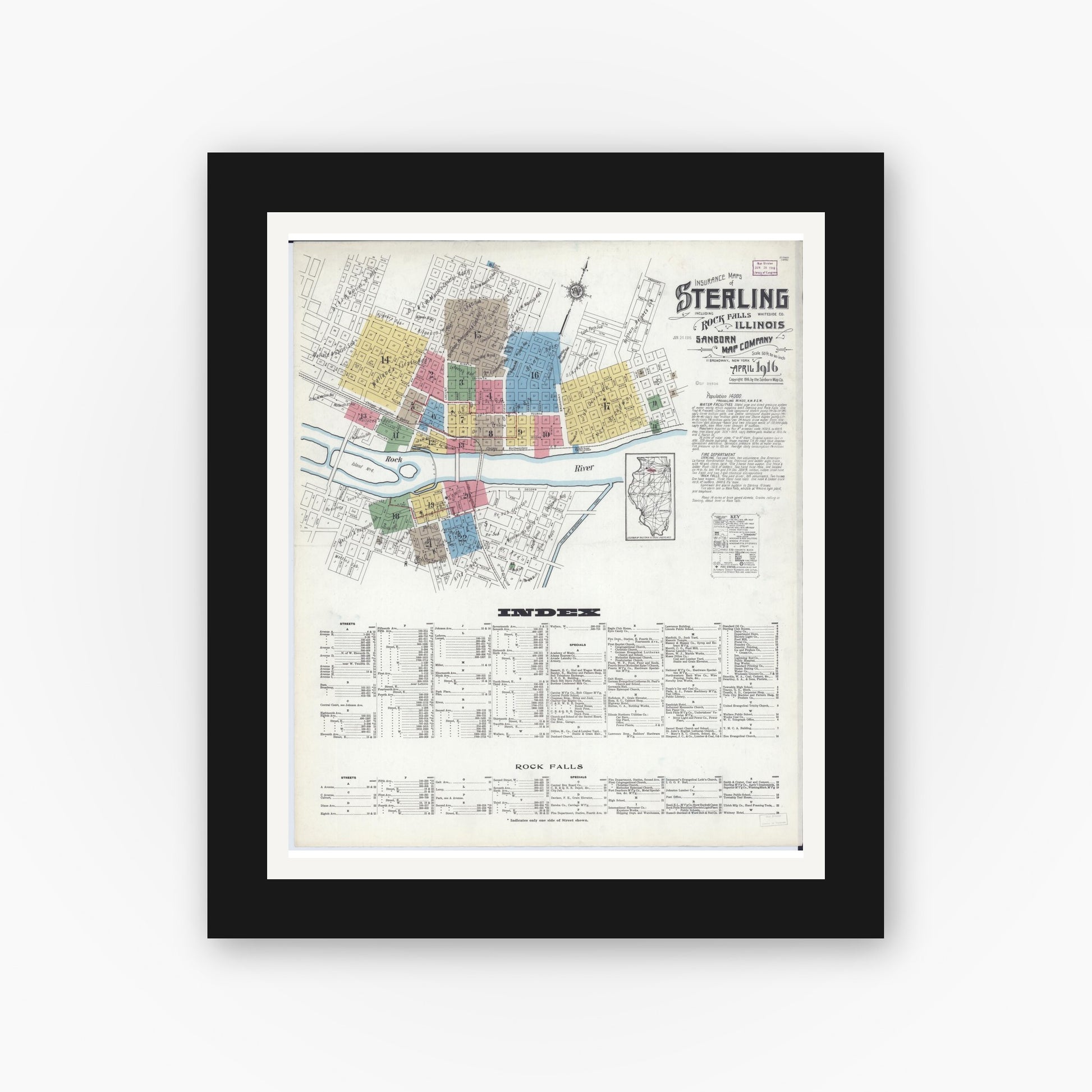 Old map wall art mockup — black gallery frame with white mat — Sanborn Fire Insurance Map from Sterling, Whiteside County, Illinois (1916) - Complete Map Set