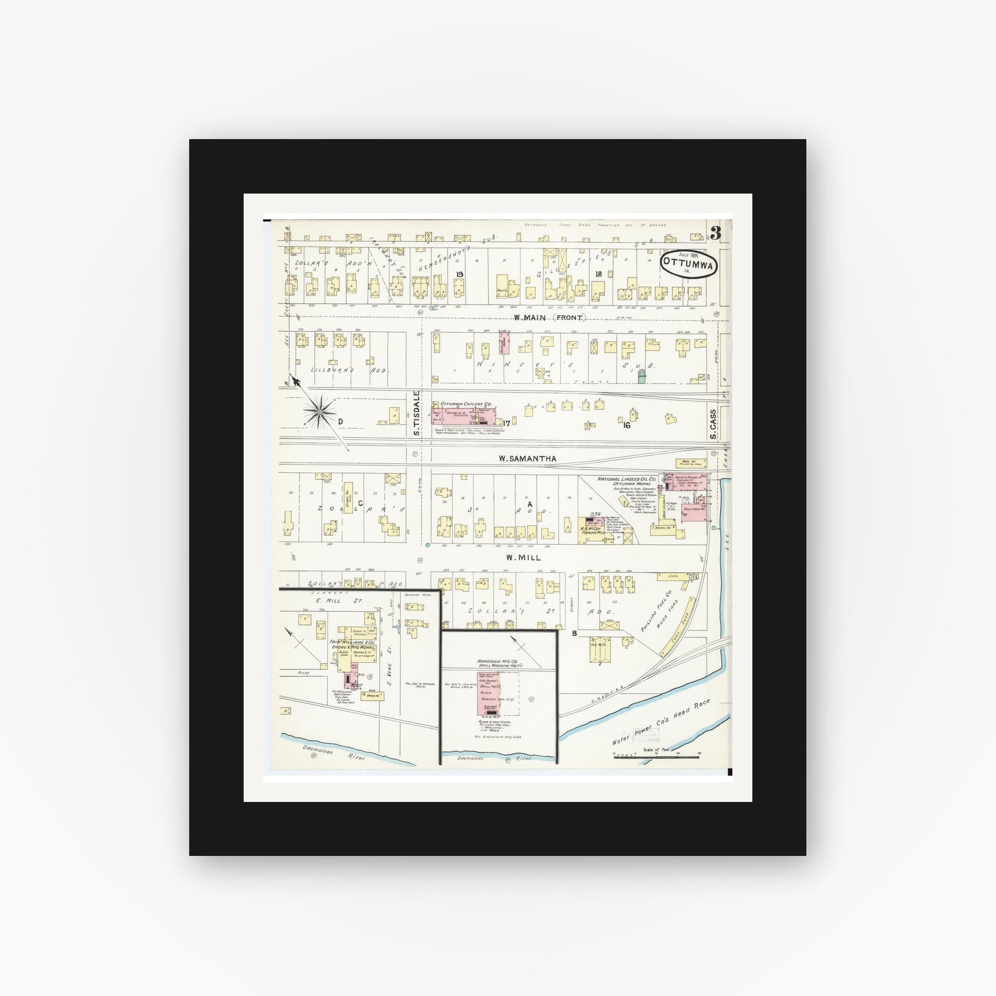 Old map wall art mockup — black gallery frame with white mat — Sanborn Fire Insurance Map from Ottumwa, Wapello County, Iowa (1891), Sheet #0003