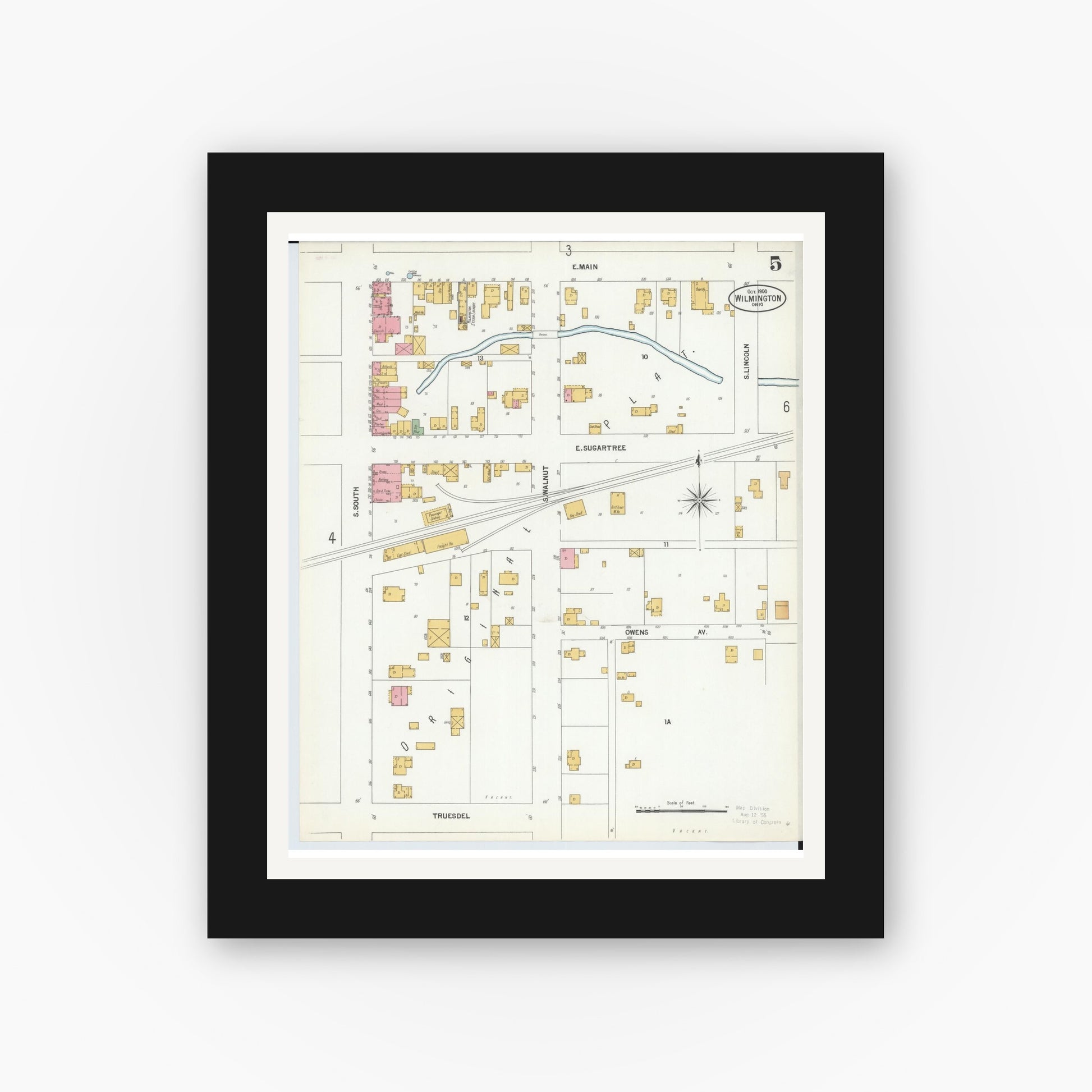 Old map wall art mockup — black gallery frame with white mat — Sanborn Fire Insurance Map from Wilmington, Clinton County, Ohio (1900), Sheet #0005