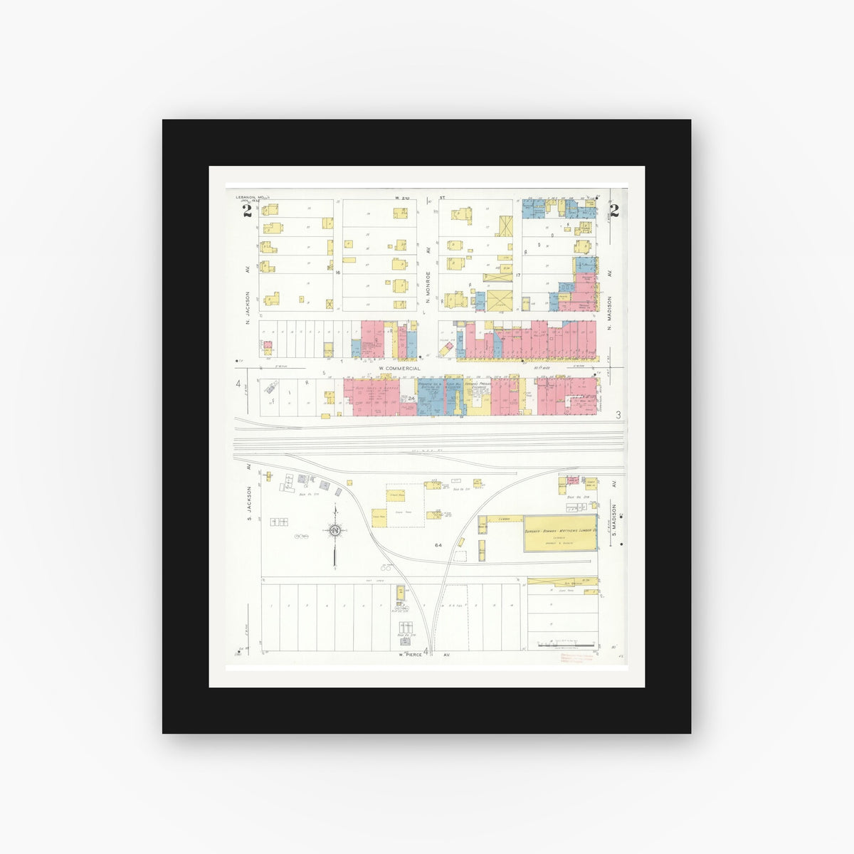 Old map wall art mockup — black gallery frame with white mat — Sanborn Fire Insurance Map from Lebanon, Laclede County, Missouri (1932), Sheet #0002