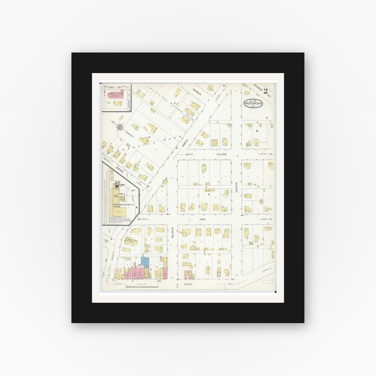 Old map wall art mockup — black gallery frame with white mat — Sanborn Fire Insurance Map from West Chicago, Du Page County, Illinois (1912), Sheet #0002