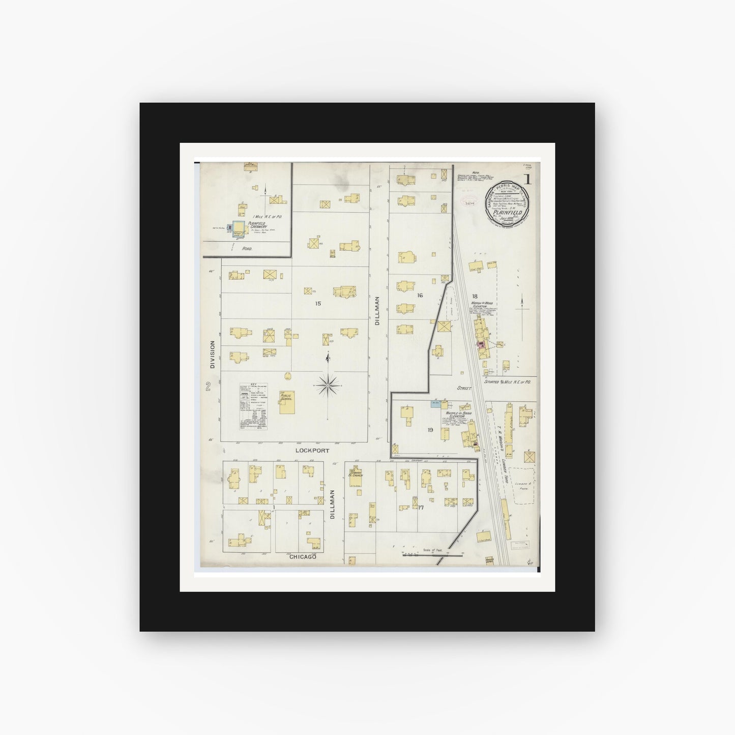 Old map wall art mockup — black gallery frame with white mat — Sanborn Fire Insurance Map from Plainfield, Will County, Illinois (1893) - Complete Map Set