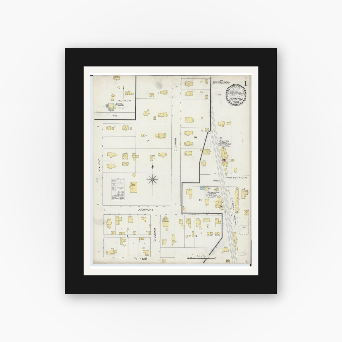 Old map wall art mockup — black gallery frame with white mat — Sanborn Fire Insurance Map from Plainfield, Will County, Illinois (1893) - Complete Map Set