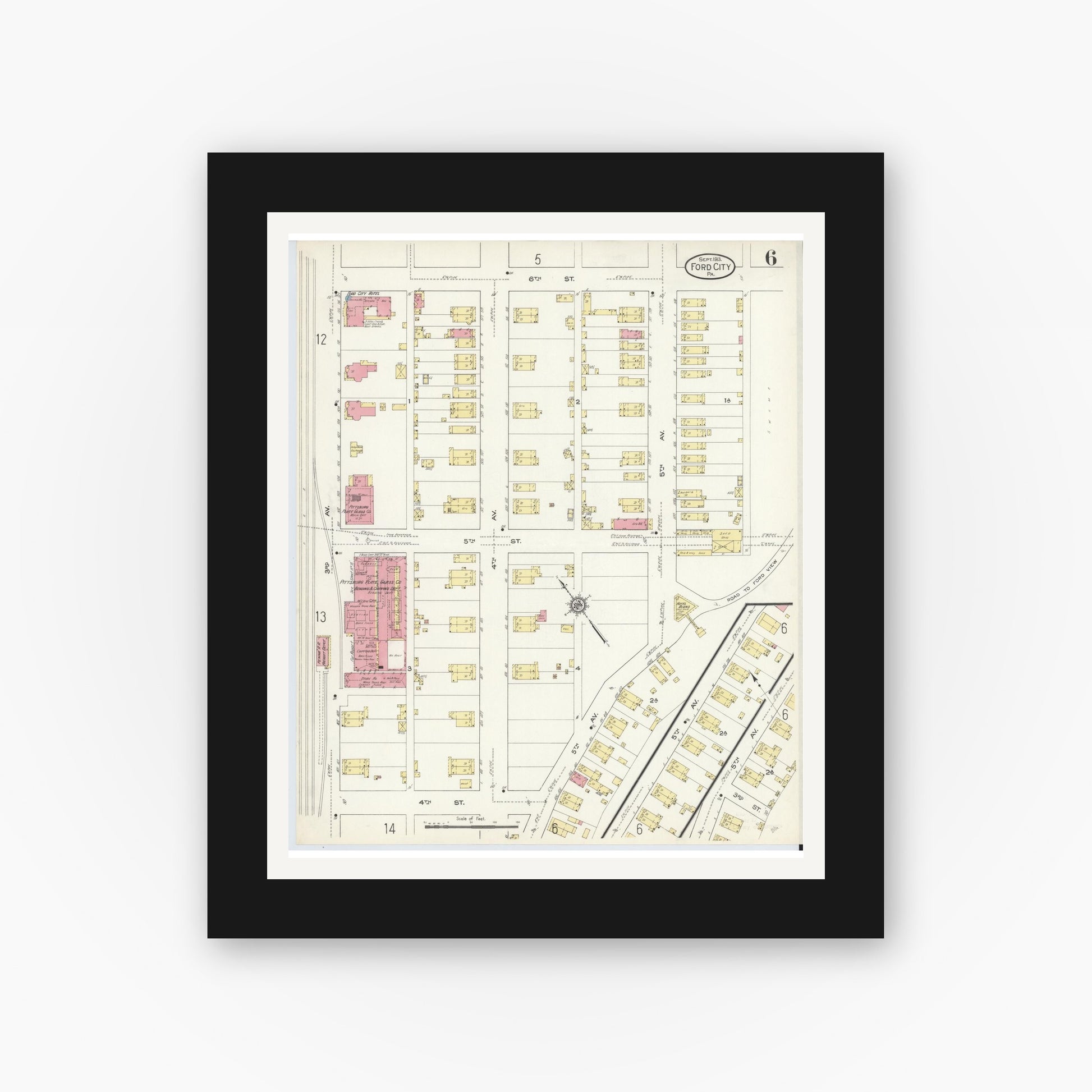 Old map wall art mockup — black gallery frame with white mat — Sanborn Fire Insurance Map from Ford City, Armstrong County, Pennsylvania (1913), Sheet #0006