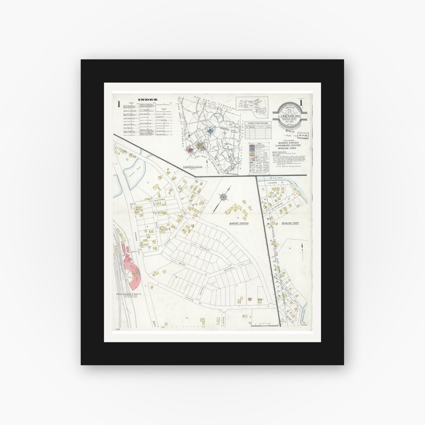 Old map wall art mockup — black gallery frame with white mat — Sanborn Fire Insurance Map from Lunenburg, Worcester County, Massachusetts (1936) - Complete Map Set
