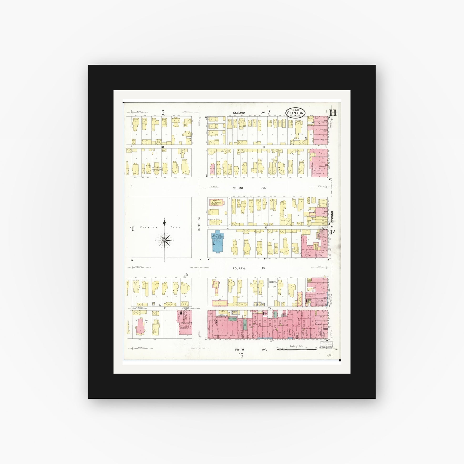 Old map wall art mockup — black gallery frame with white mat — Sanborn Fire Insurance Map from Clinton, Clinton County, Iowa (1909), Sheet #0011