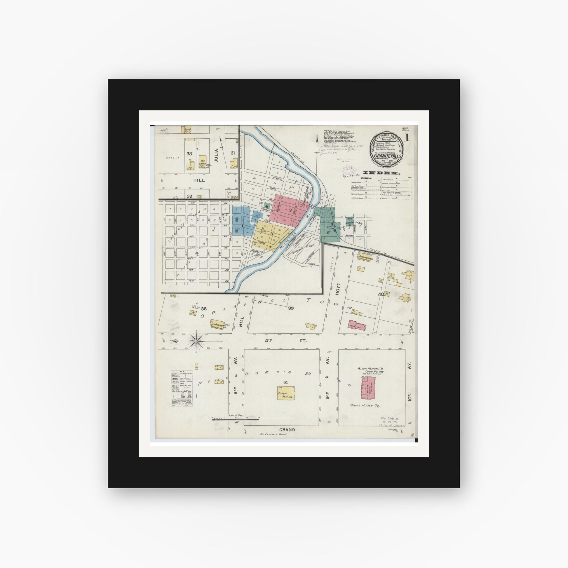 Old map wall art mockup — black gallery frame with white mat — Sanborn Fire Insurance Map from Granite Falls, Yellow Medicine And Chippewa Counties, Minnesota (1893), Sheet #0001