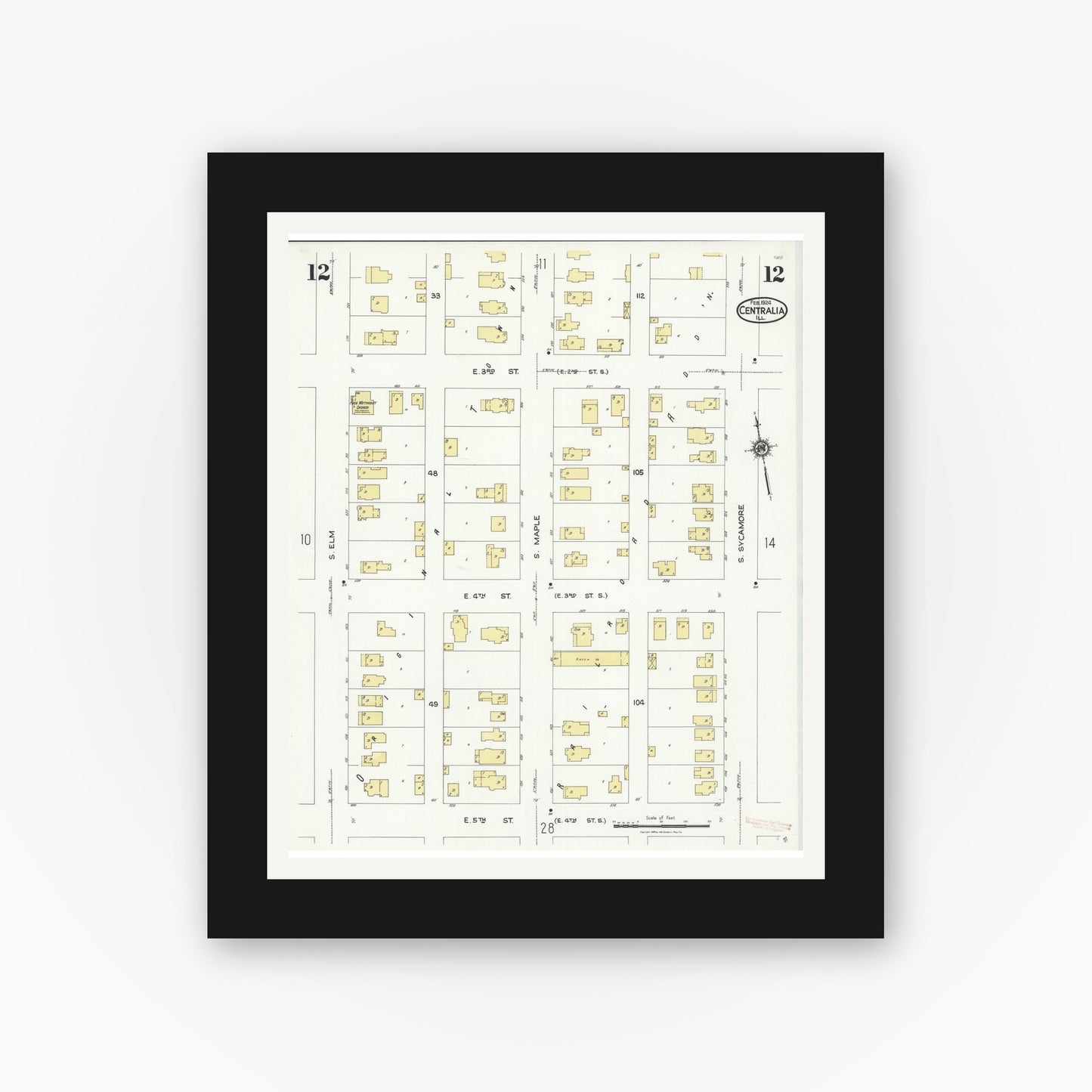 Old map wall art mockup — black gallery frame with white mat — Sanborn Fire Insurance Map from Centralia, Marion, Clinton, Jefferson, and Washington Counties, Illinois (1924), Sheet #0012