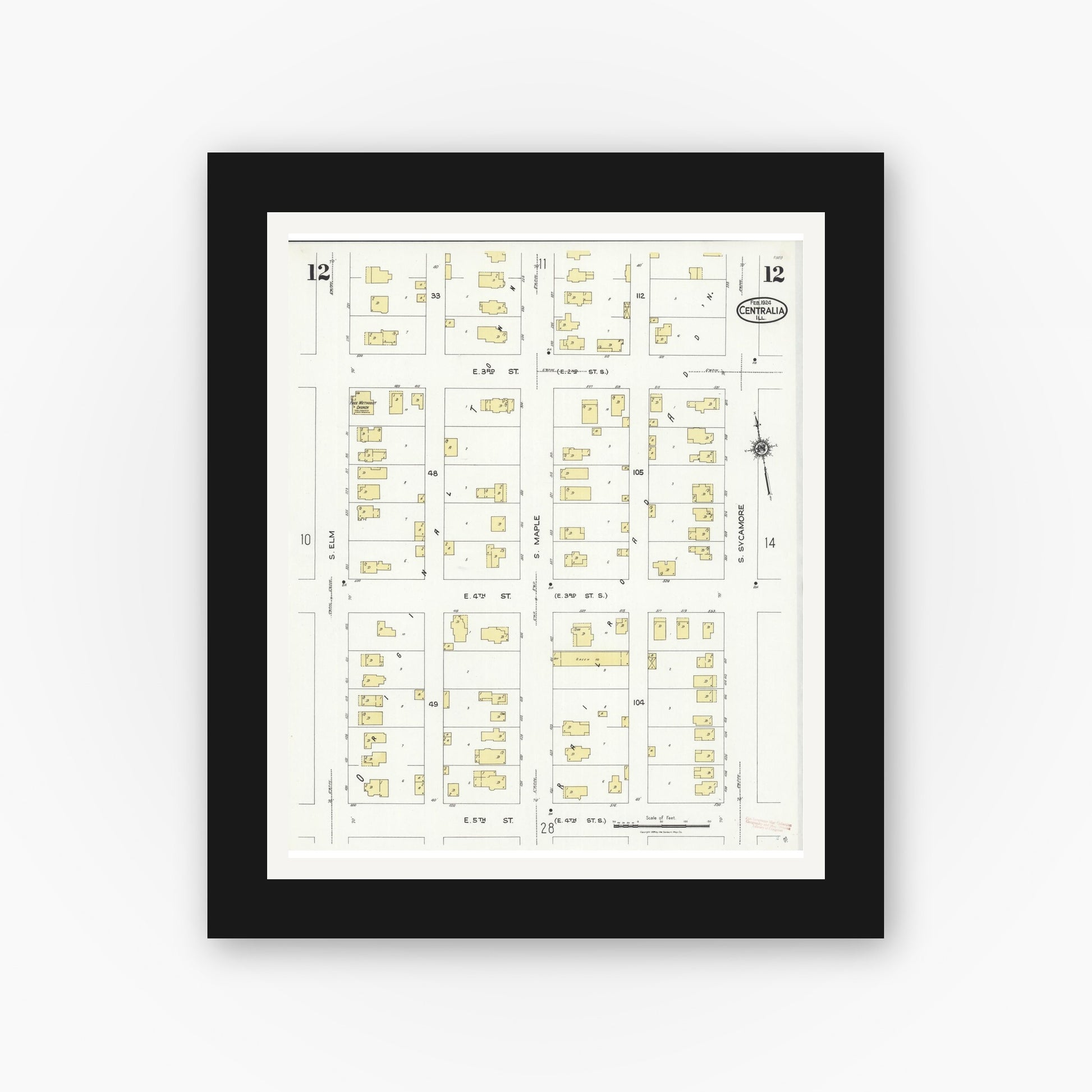 Old map wall art mockup — black gallery frame with white mat — Sanborn Fire Insurance Map from Centralia, Marion, Clinton, Jefferson, and Washington Counties, Illinois (1924), Sheet #0012