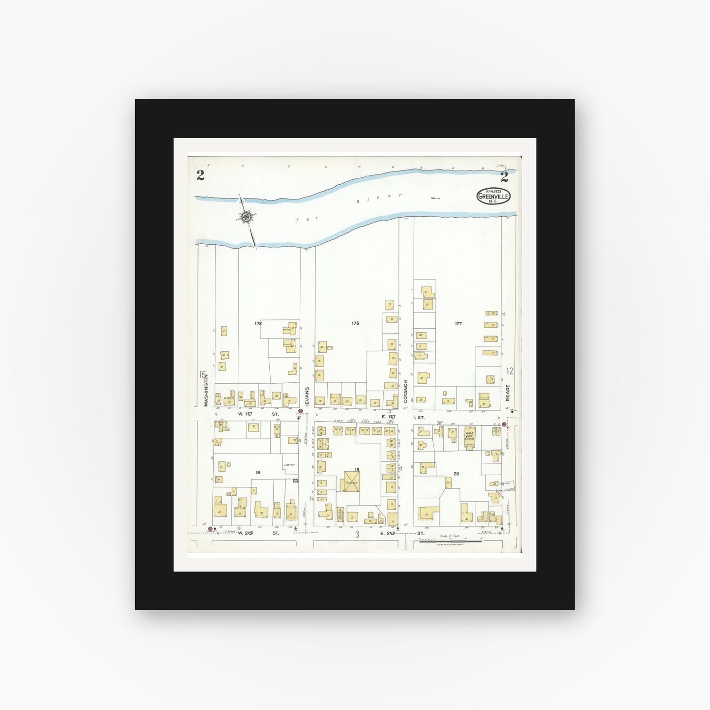 Old map wall art mockup — black gallery frame with white mat — Sanborn Fire Insurance Map from Greenville, Pitt County, North Carolina (1923), Sheet #0002