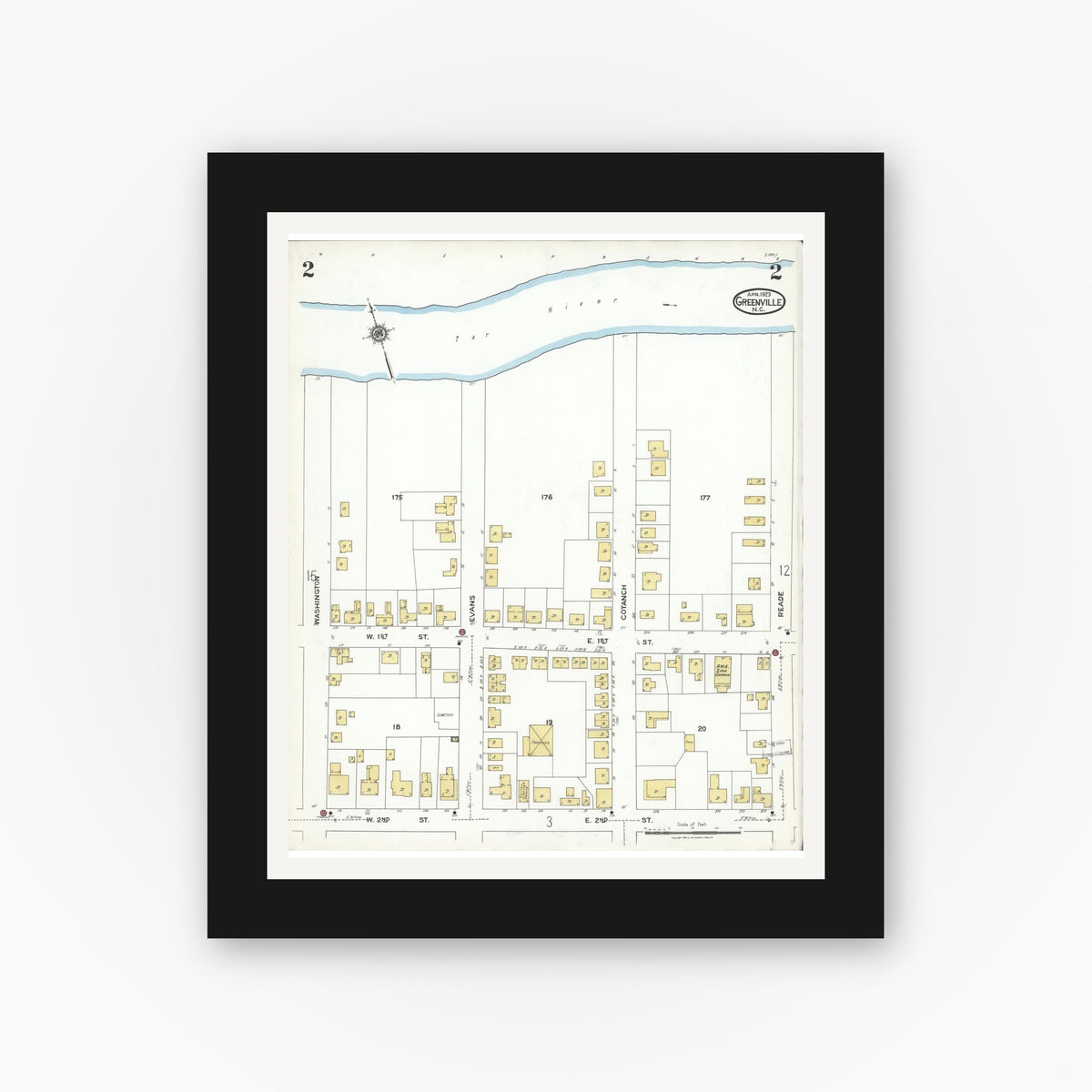 Old map wall art mockup — black gallery frame with white mat — Sanborn Fire Insurance Map from Greenville, Pitt County, North Carolina (1923), Sheet #0002