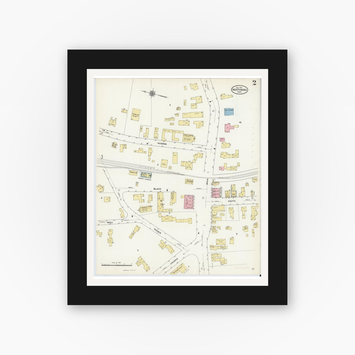Old map wall art mockup — black gallery frame with white mat — Sanborn Fire Insurance Map from Northboro, Worcester County, Massachusetts (1910), Sheet #0002