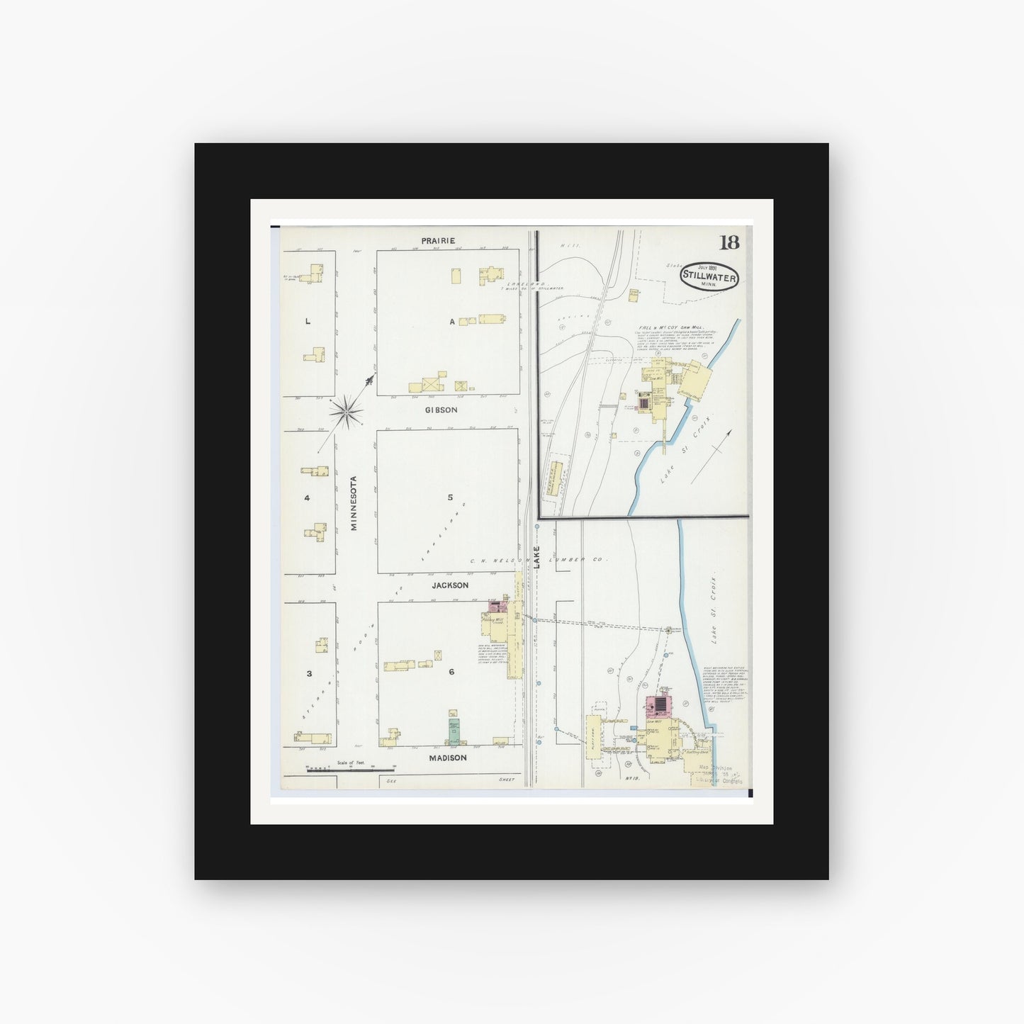 Old map wall art mockup — black gallery frame with white mat — Sanborn Fire Insurance Map from Stillwater, Washington County, Minnesota (1891), Sheet #0018