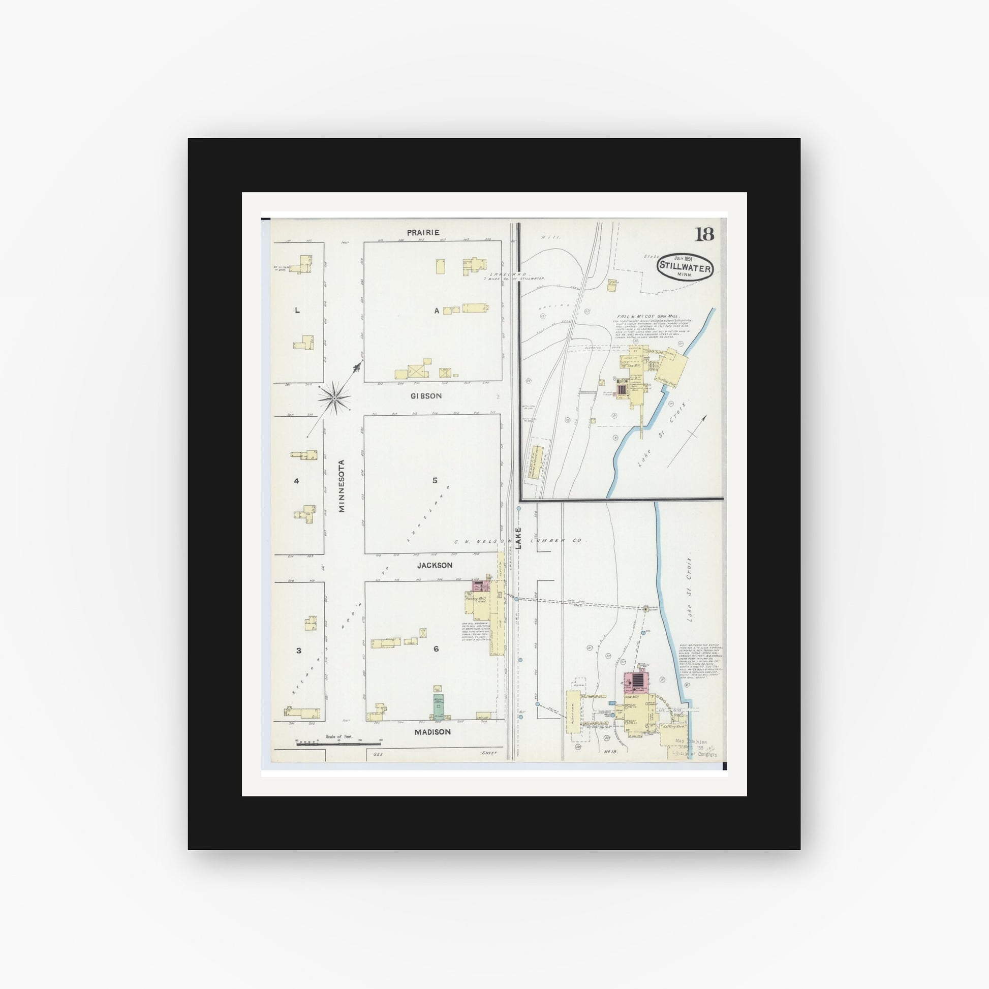 Old map wall art mockup — black gallery frame with white mat — Sanborn Fire Insurance Map from Stillwater, Washington County, Minnesota (1891), Sheet #0018