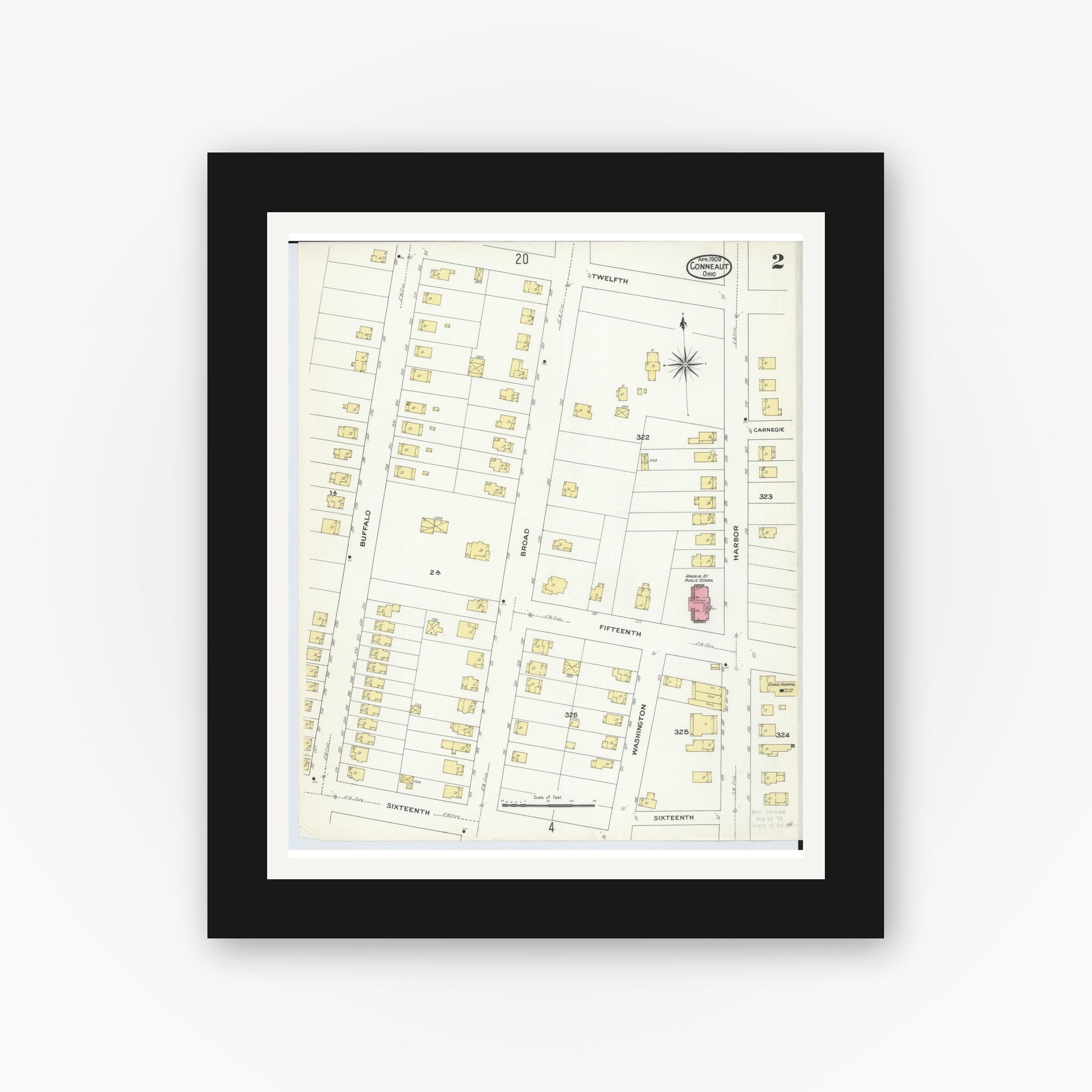 Old map wall art mockup — black gallery frame with white mat — Sanborn Fire Insurance Map from Conneaut, Ashtabula County, Ohio (1909), Sheet #0002