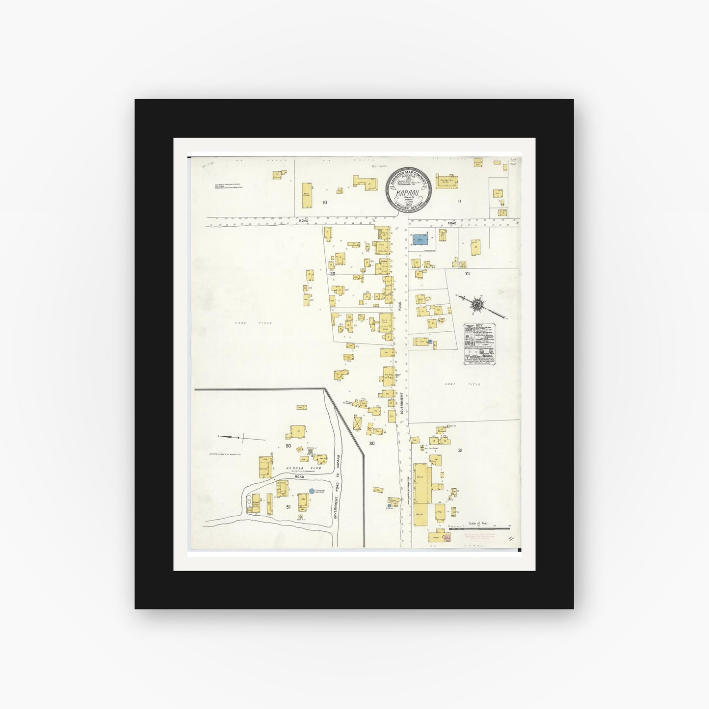 Old map wall art mockup — black gallery frame with white mat — Sanborn Fire Insurance Map from Kapaau, Hawaii County, Hawaii (1921), Sheet #0001