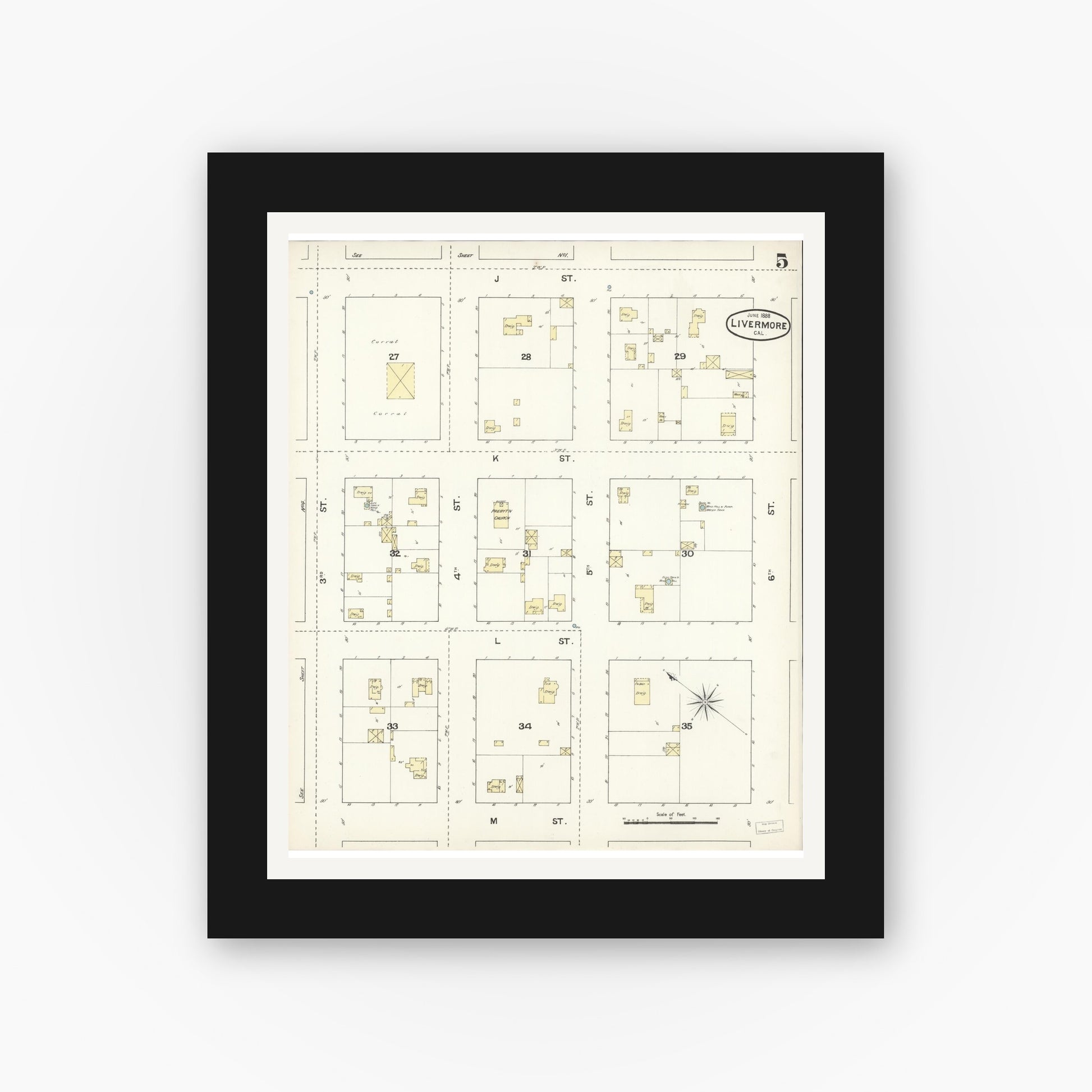 Old map wall art mockup — black gallery frame with white mat — Sanborn Fire Insurance Map from Livermore, Alameda County, California (1888), Sheet #0005