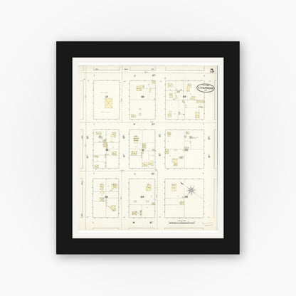 Old map wall art mockup — black gallery frame with white mat — Sanborn Fire Insurance Map from Livermore, Alameda County, California (1888), Sheet #0005