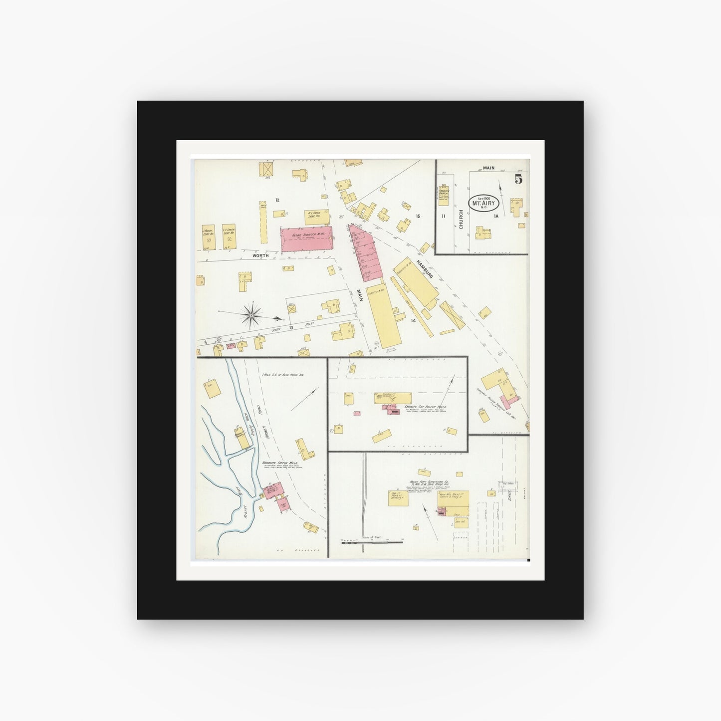 Old map wall art mockup — black gallery frame with white mat — Sanborn Fire Insurance Map from Mount Airy, Surry County, North Carolina (1900), Sheet #0005