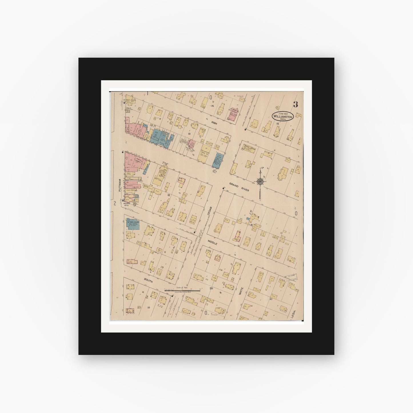 Old map wall art mockup — black gallery frame with white mat — Sanborn Fire Insurance Map from Williamston, Ingham County, Michigan (1922), Sheet #0003
