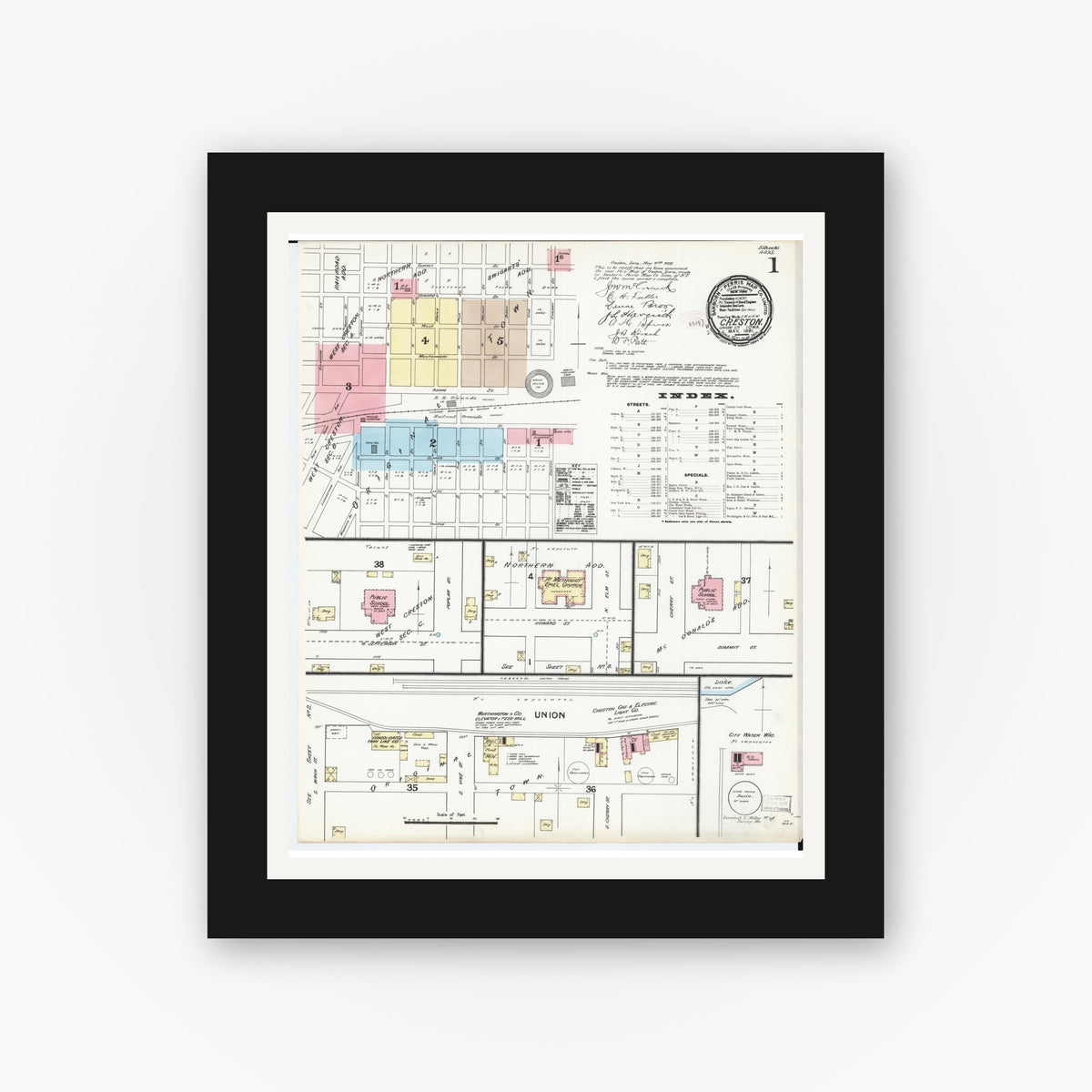 Old map wall art mockup — black gallery frame with white mat — Sanborn Fire Insurance Map from Creston, Union County, Iowa (1891) â€” Complete Set