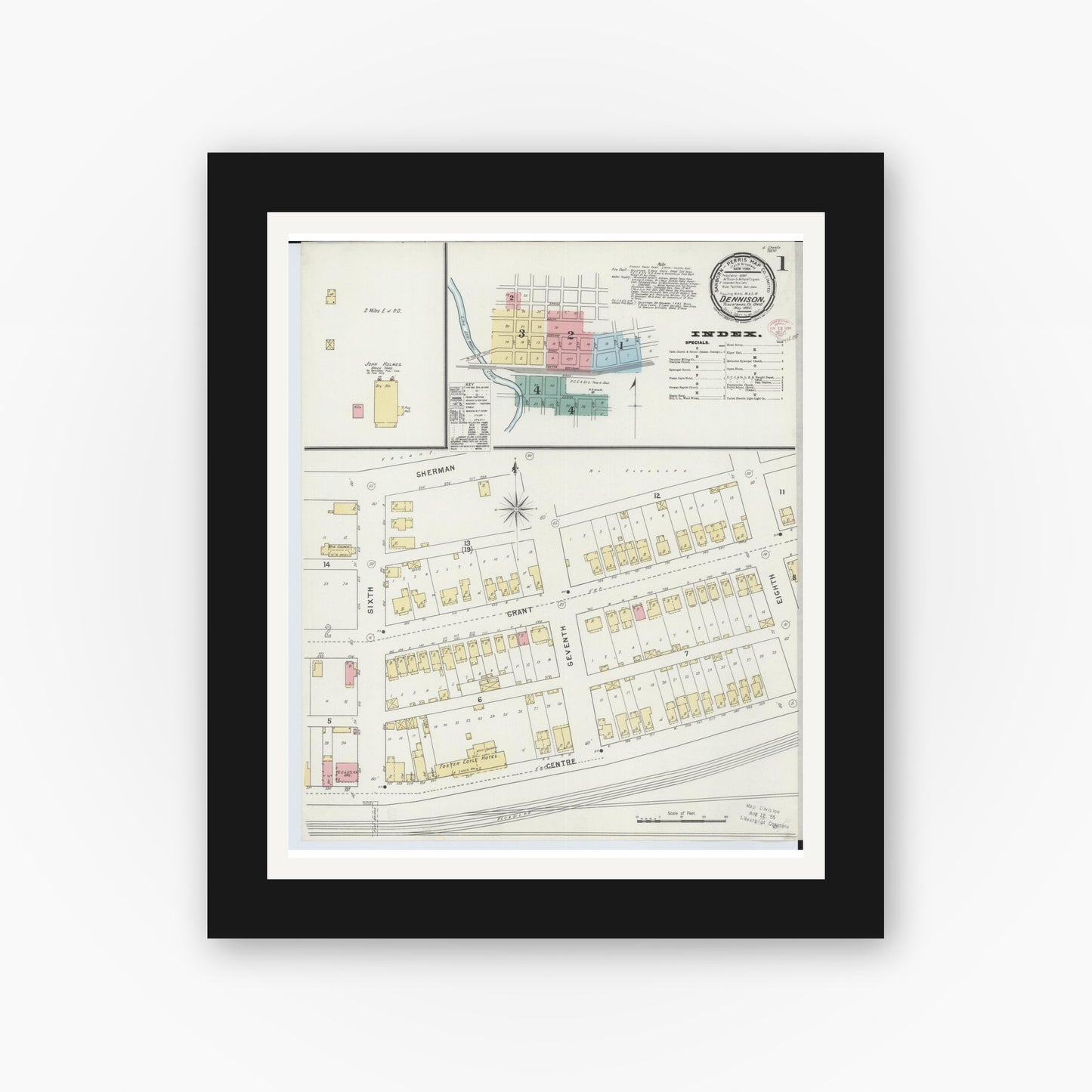 Old map wall art mockup — black gallery frame with white mat — Sanborn Fire Insurance Map from Dennison, Tuscarawas County, Ohio (1895), Sheet #0001