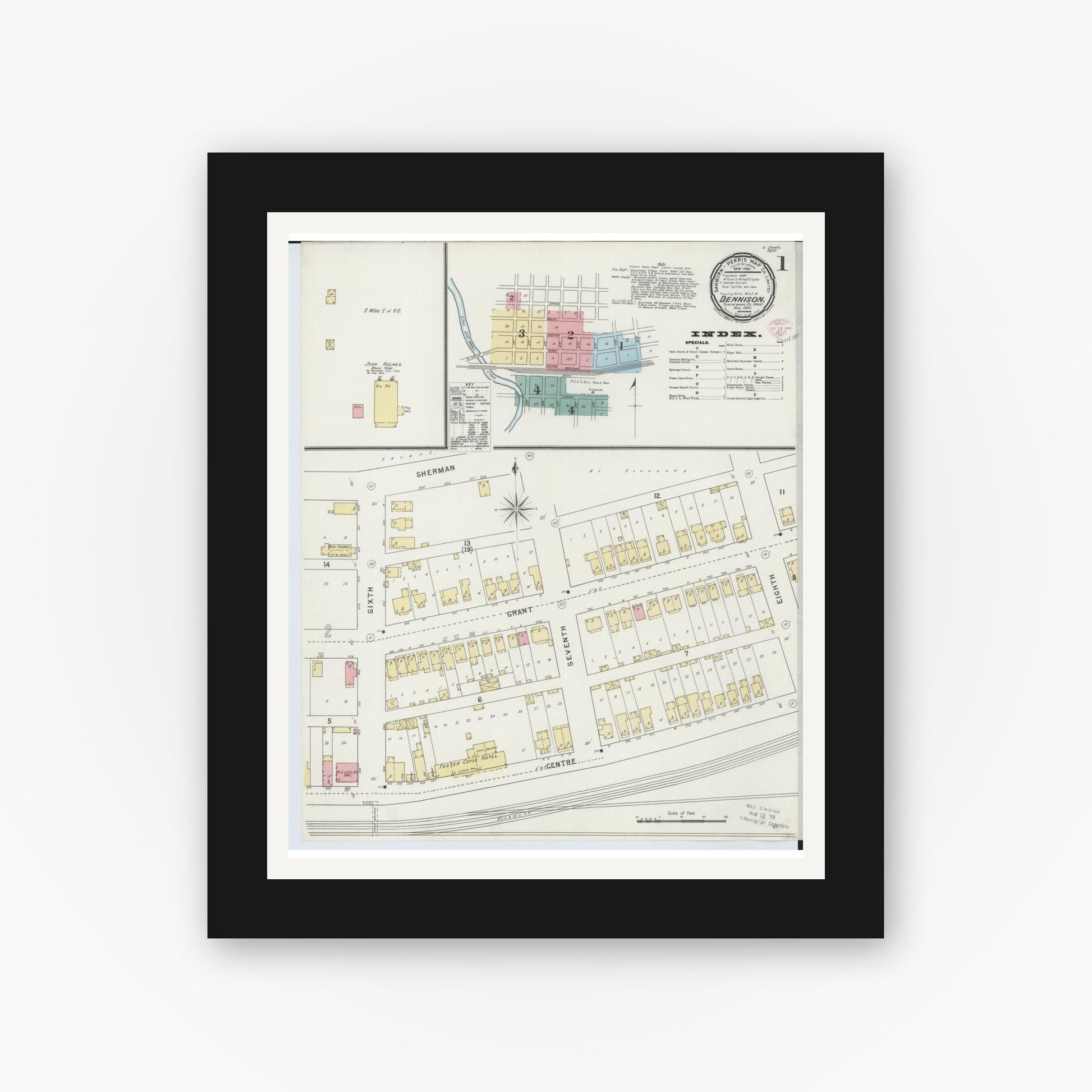 Old map wall art mockup — black gallery frame with white mat — Sanborn Fire Insurance Map from Dennison, Tuscarawas County, Ohio (1895), Sheet #0001