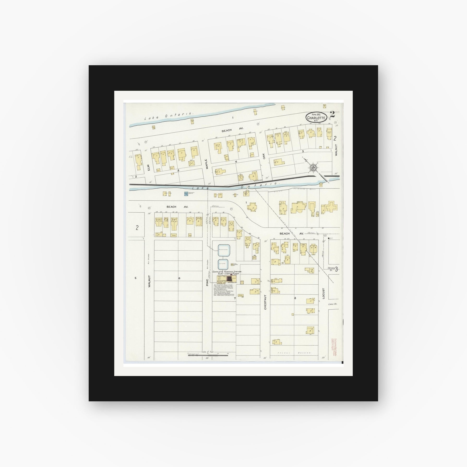 Old map wall art mockup — black gallery frame with white mat — Sanborn Fire Insurance Map from Charlotte, Monroe County, New York (1912) - Complete Map Set