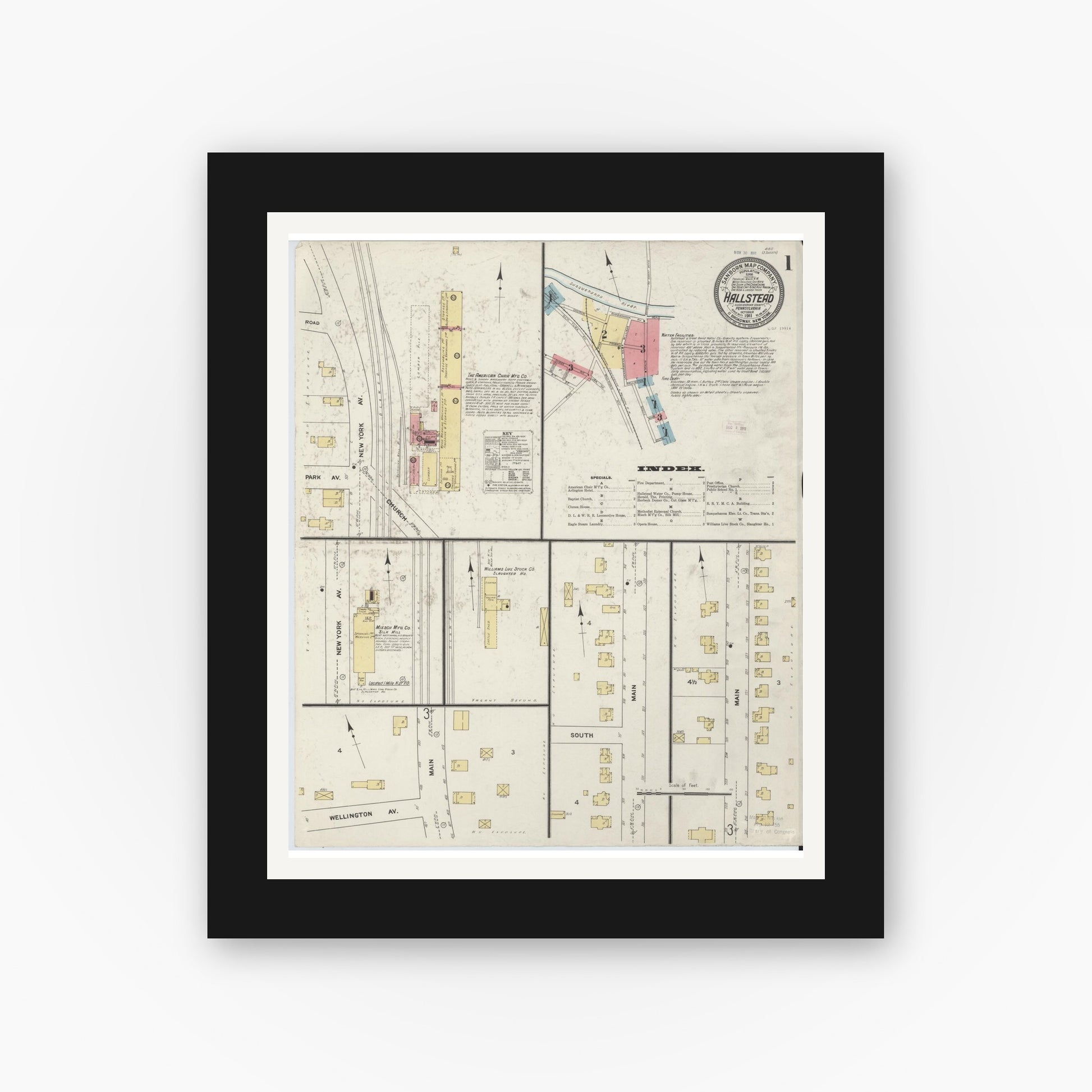 Old map wall art mockup — black gallery frame with white mat — Sanborn Fire Insurance Map from Hallstead, Susquehanna County, Pennsylvania (1911), Sheet #0001
