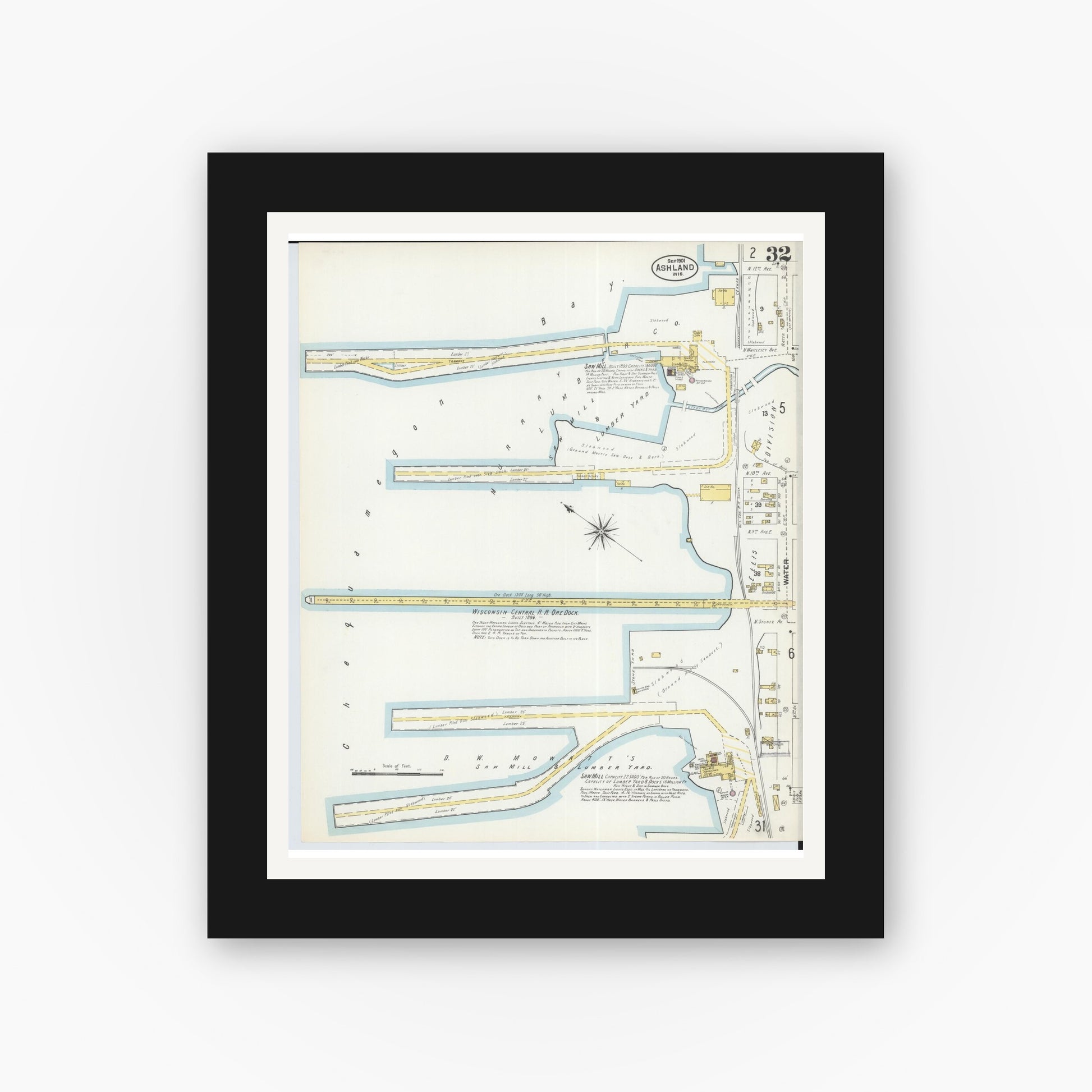 Old map wall art mockup — black gallery frame with white mat — Sanborn Fire Insurance Map from Ashland, Ashland County, Wisconsin (1901), Sheet #0032