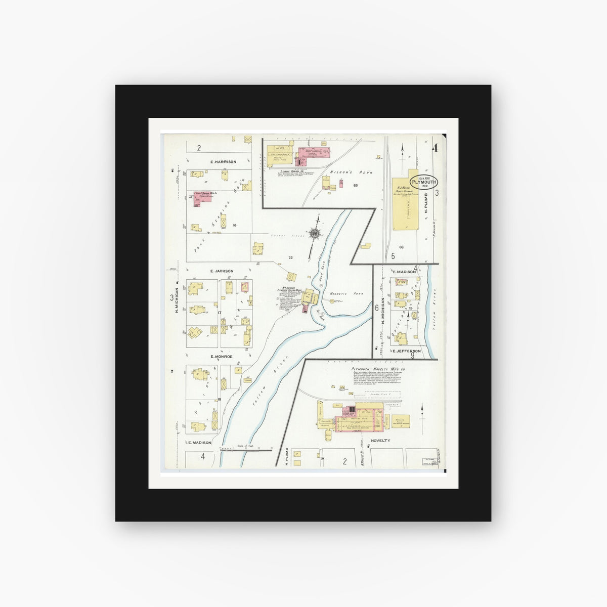 Old map wall art mockup — black gallery frame with white mat — Sanborn Fire Insurance Map from Plymouth, Marhshall County, Indiana (1910), Sheet #0004