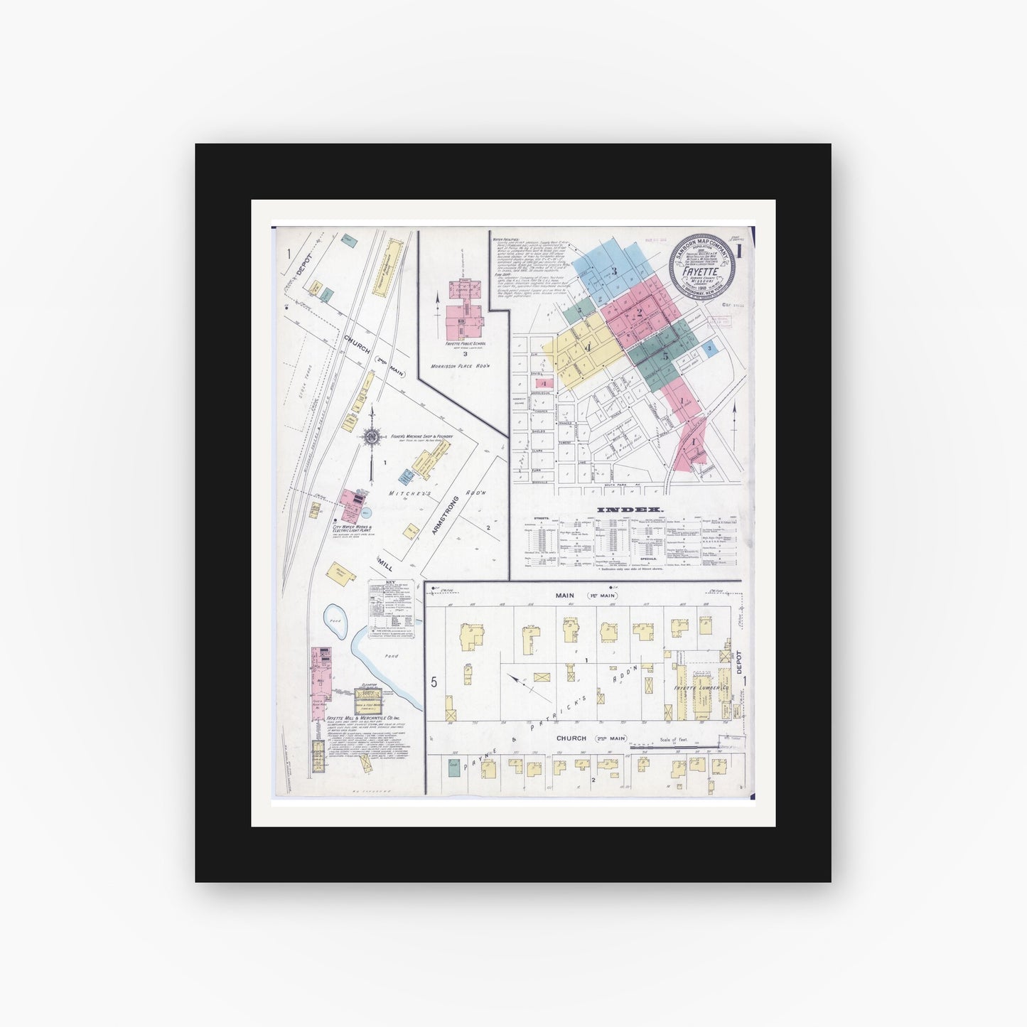 Old map wall art mockup — black gallery frame with white mat — Sanborn Fire Insurance Map from Fayette, Howard County, Missouri (1910) - Complete Map Set