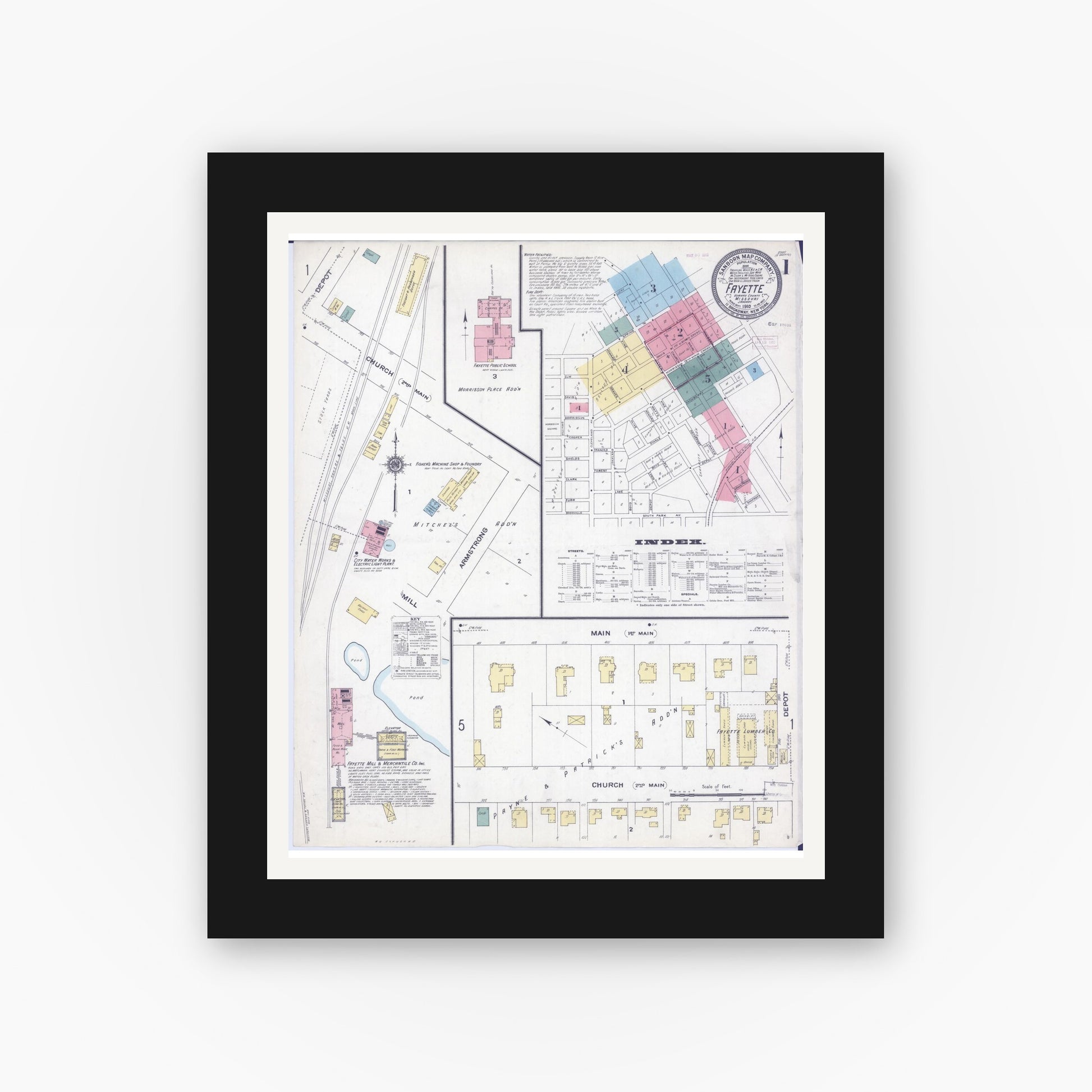 Old map wall art mockup — black gallery frame with white mat — Sanborn Fire Insurance Map from Fayette, Howard County, Missouri (1910) - Complete Map Set