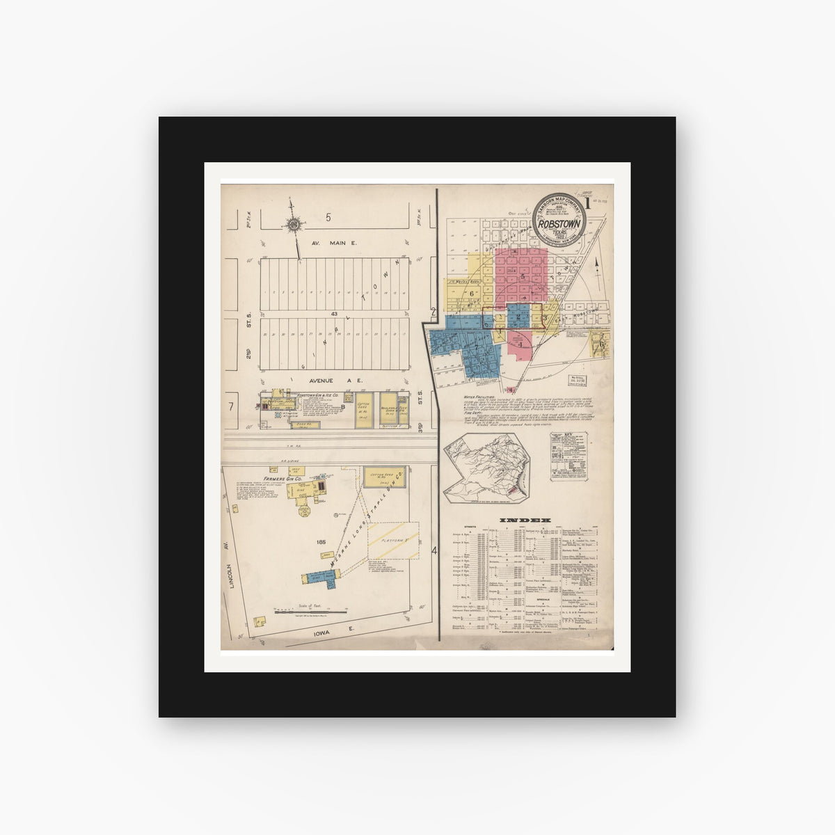 Old map wall art mockup — black gallery frame with white mat — Sanborn Fire Insurance Map from Robstown, Nueces County, Texas (1922) - Complete Map Set