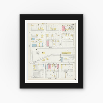 Old map wall art mockup — black gallery frame with white mat — Sanborn Fire Insurance Map from Austin, Travis County, Texas (1894), Sheet #0020