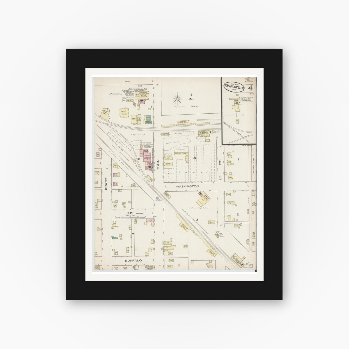 Old map wall art mockup — black gallery frame with white mat — Sanborn Fire Insurance Map from North Manchester, Wabash County, Indiana (1886), Sheet #0004