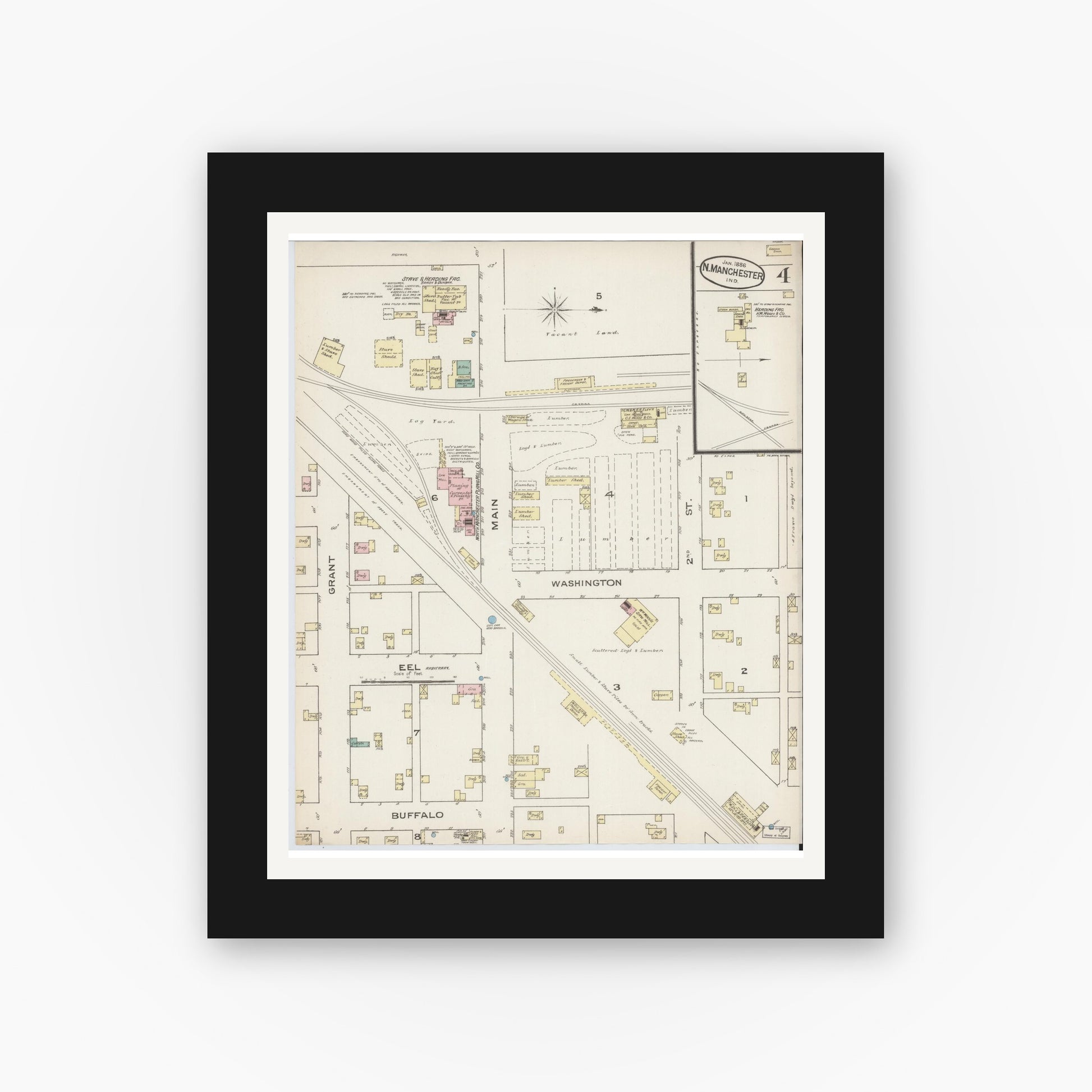 Old map wall art mockup — black gallery frame with white mat — Sanborn Fire Insurance Map from North Manchester, Wabash County, Indiana (1886), Sheet #0004