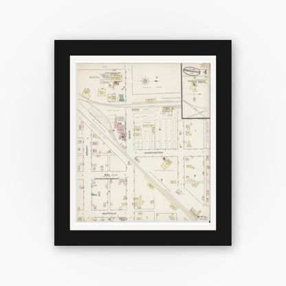 Old map wall art mockup — black gallery frame with white mat — Sanborn Fire Insurance Map from North Manchester, Wabash County, Indiana (1886), Sheet #0004