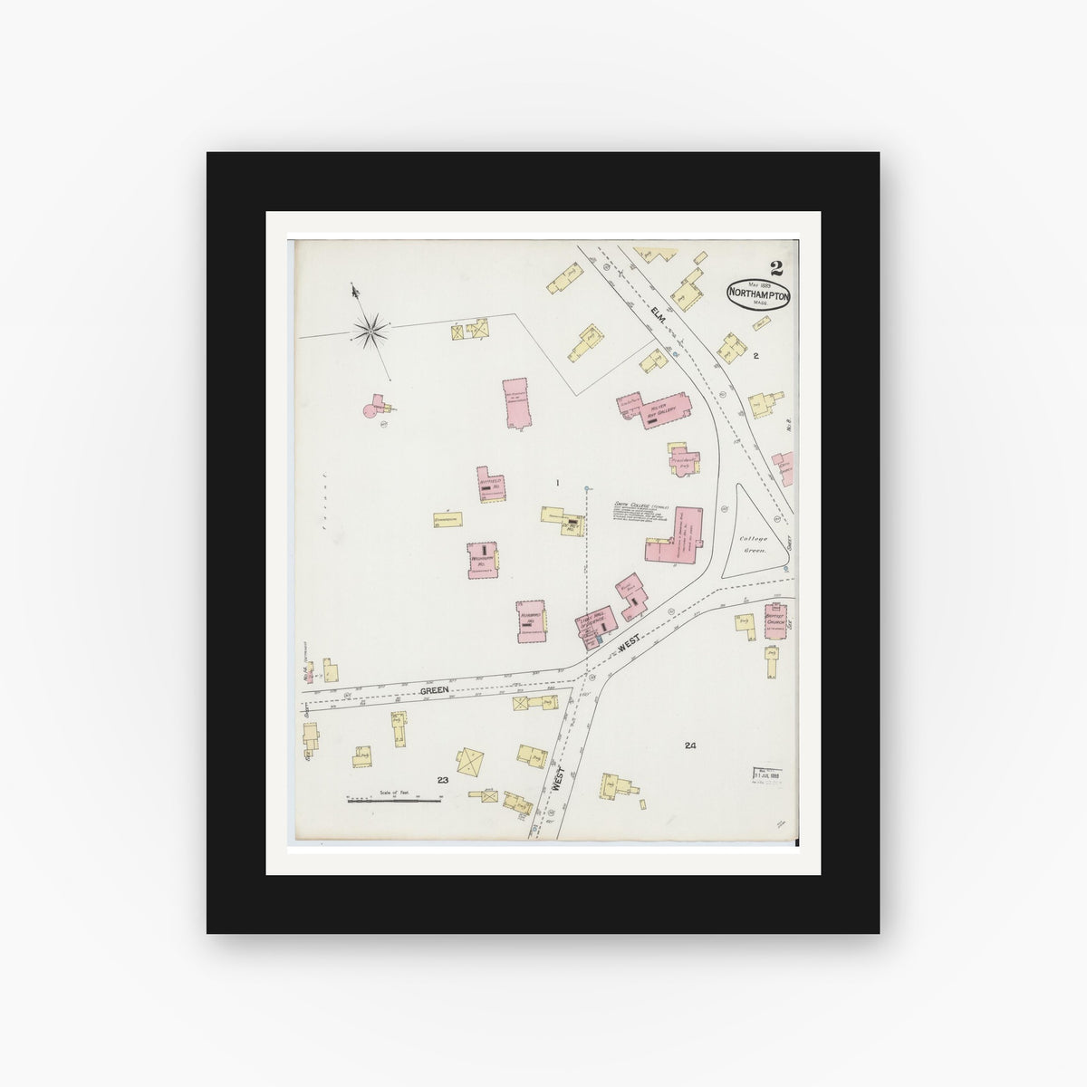 Old map wall art mockup — black gallery frame with white mat — Sanborn Fire Insurance Map from Northampton, Hampshire County, Massachusetts (1889), Sheet #0002